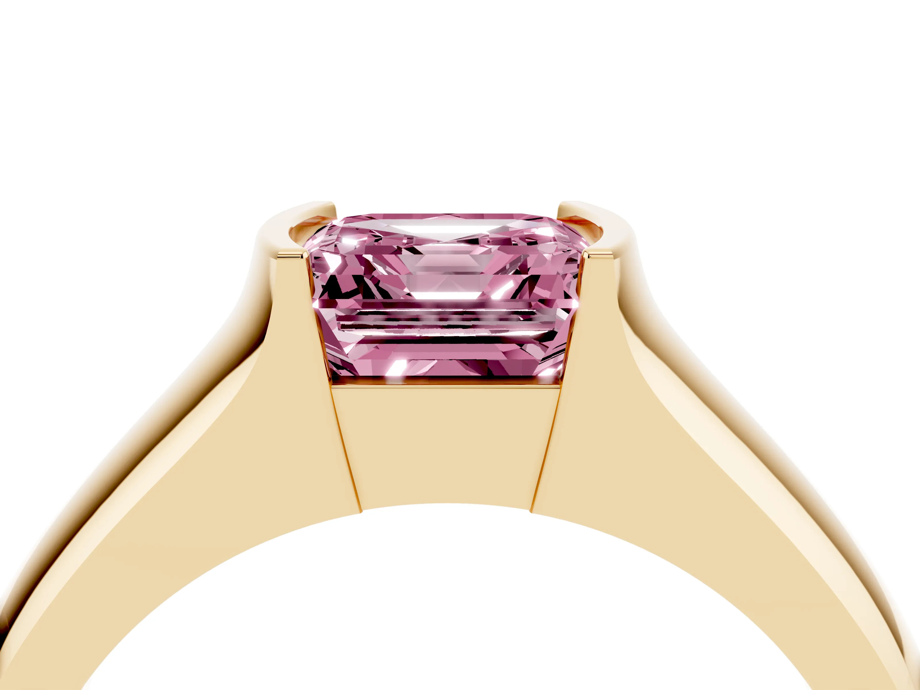 Fancy Pink Asscher Cut Diamond Bezel Solitaire Ring Set in Yellow gold with Wide Band