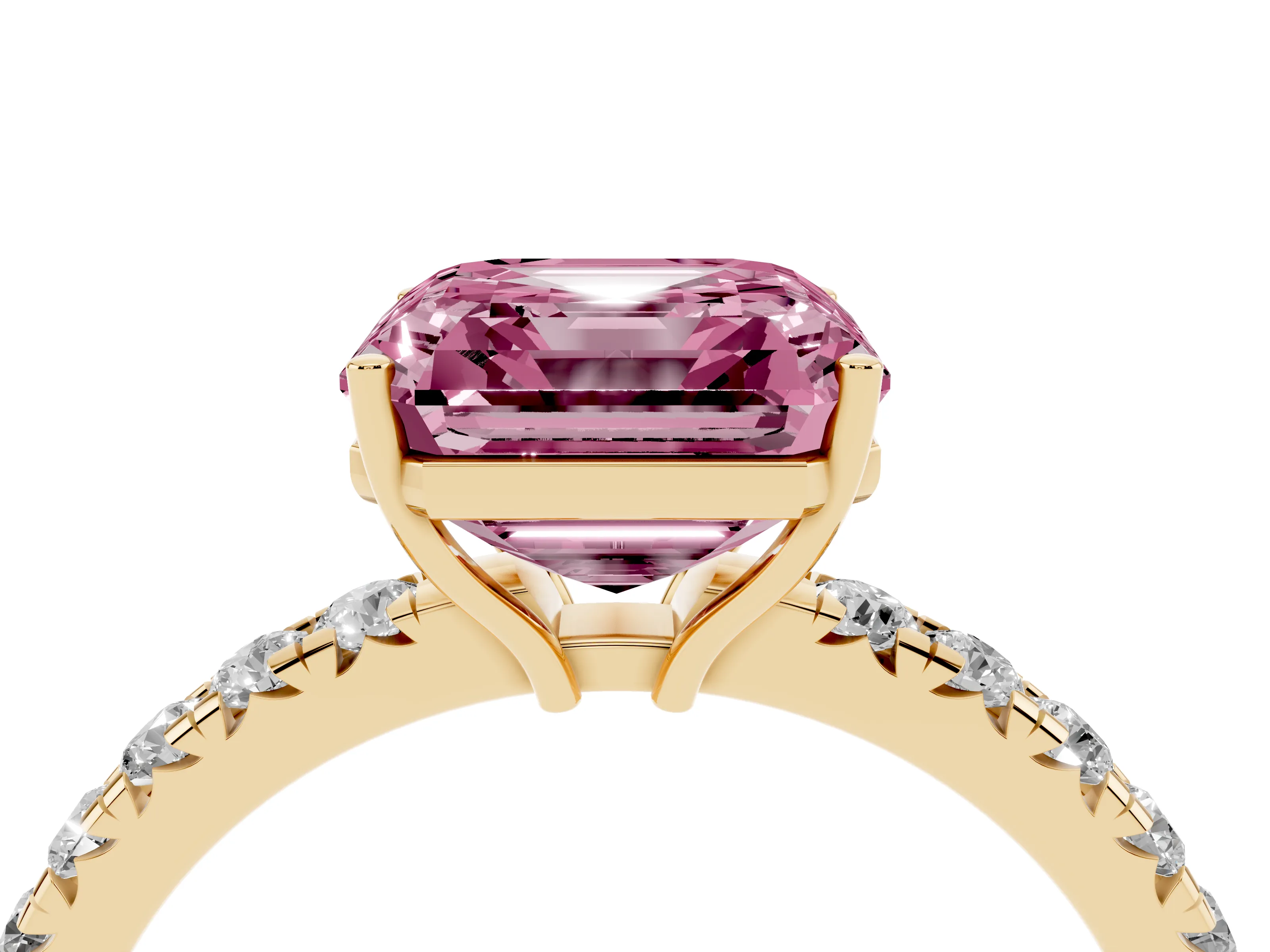 Fancy Pink Asscher Cut Diamond Pavé Solitaire Engagement Ring Set in Yellow gold with Prong Setting