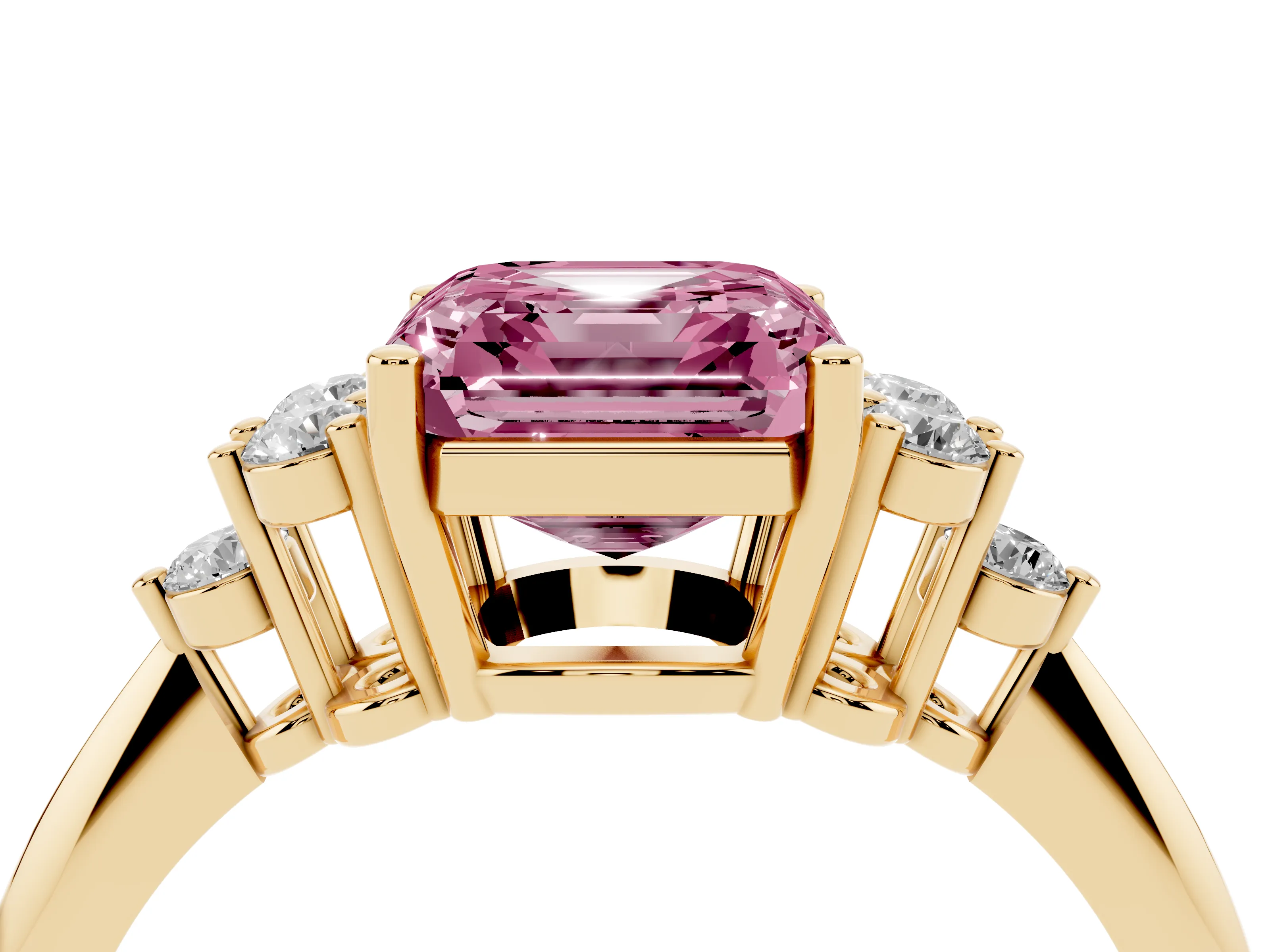 Fancy Pink Asscher Cut Diamond Cluster Ring Set in Yellow gold with Plain Band and Prong Setting