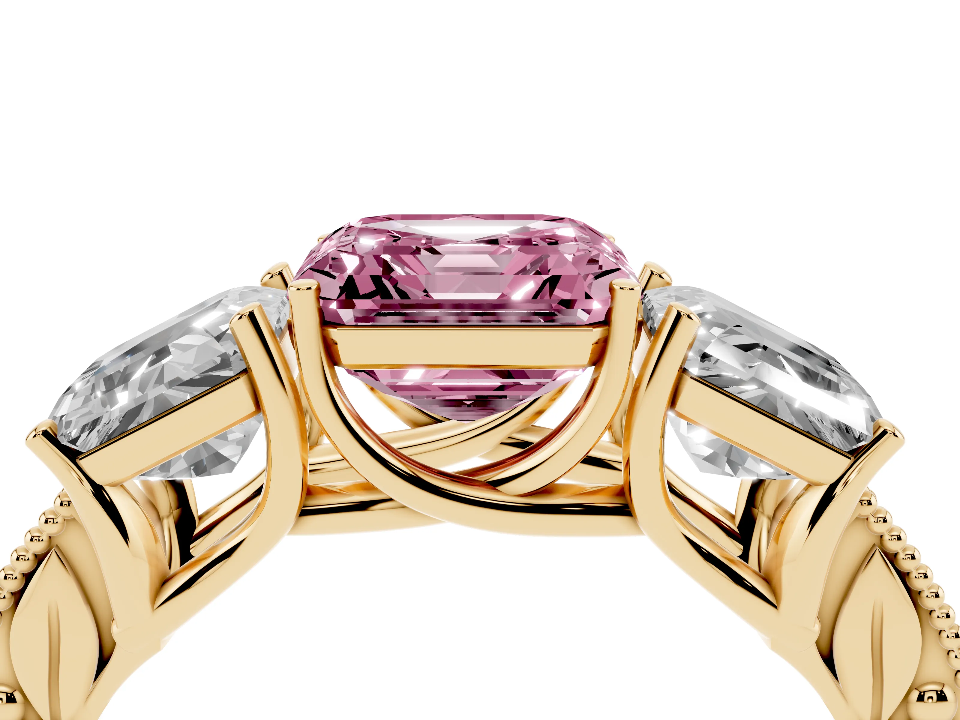 Fancy Pink Asscher Cut Diamond Three-Stone Engagement Ring Set in Yellow gold with Milgrain Pavé Band