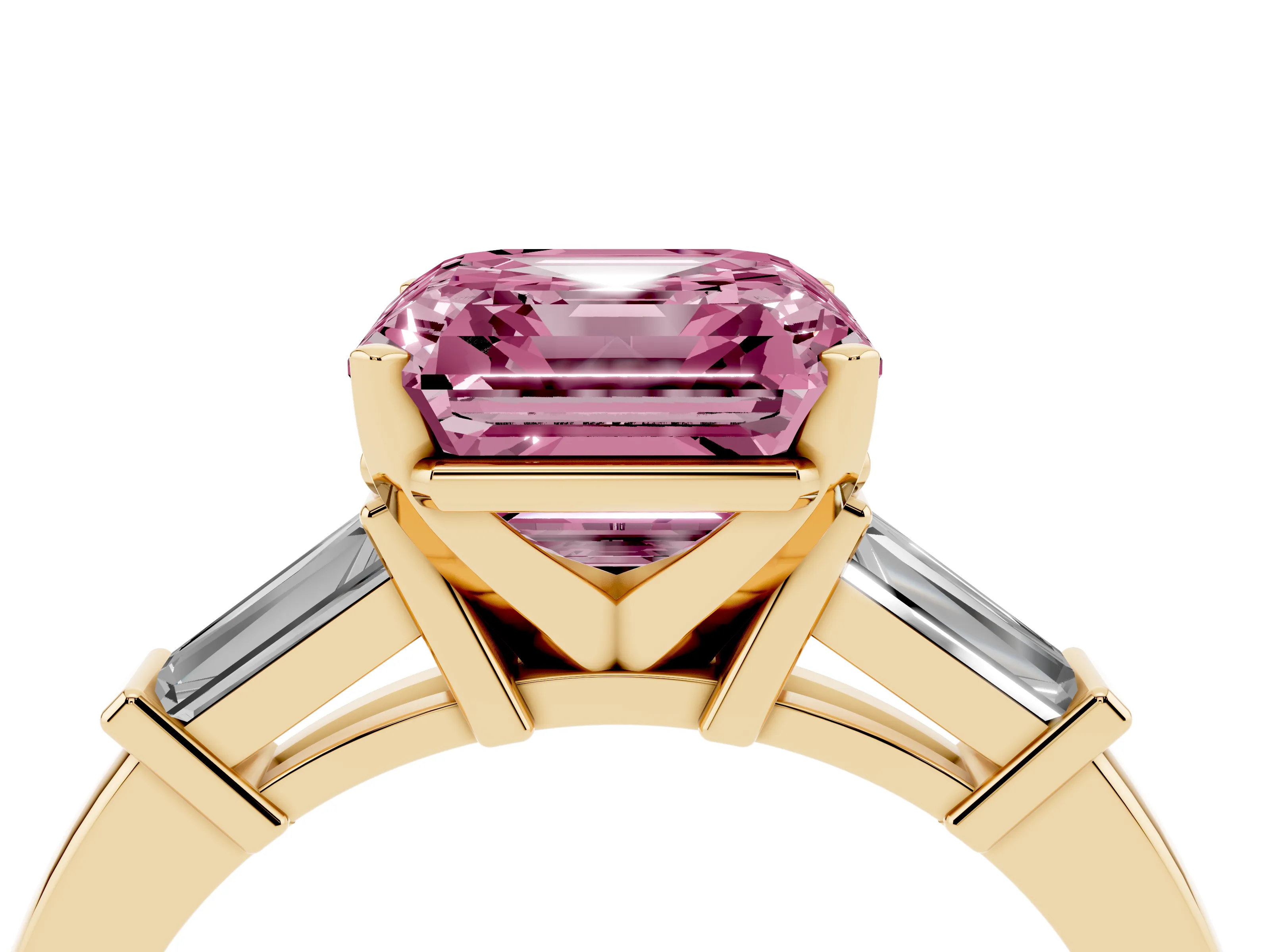 Fancy Pink Asscher Cut Diamond Solitaire Ring Set in Yellow gold with Tapered Baguette Accents and Prong Setting