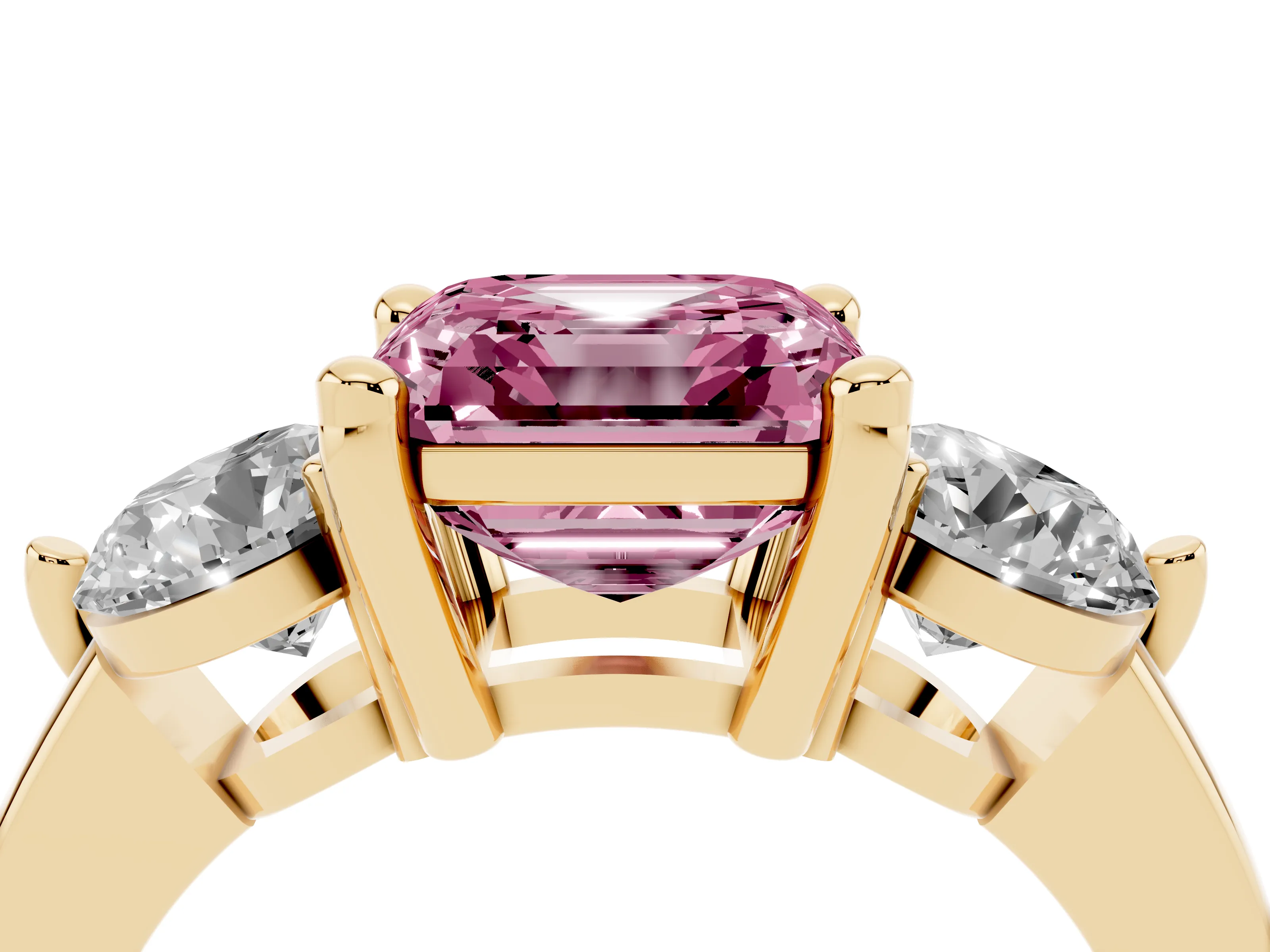Fancy Pink Asscher Cut Diamond Three-Stone Ring Set in Yellow gold with Prong Setting and Classic Band