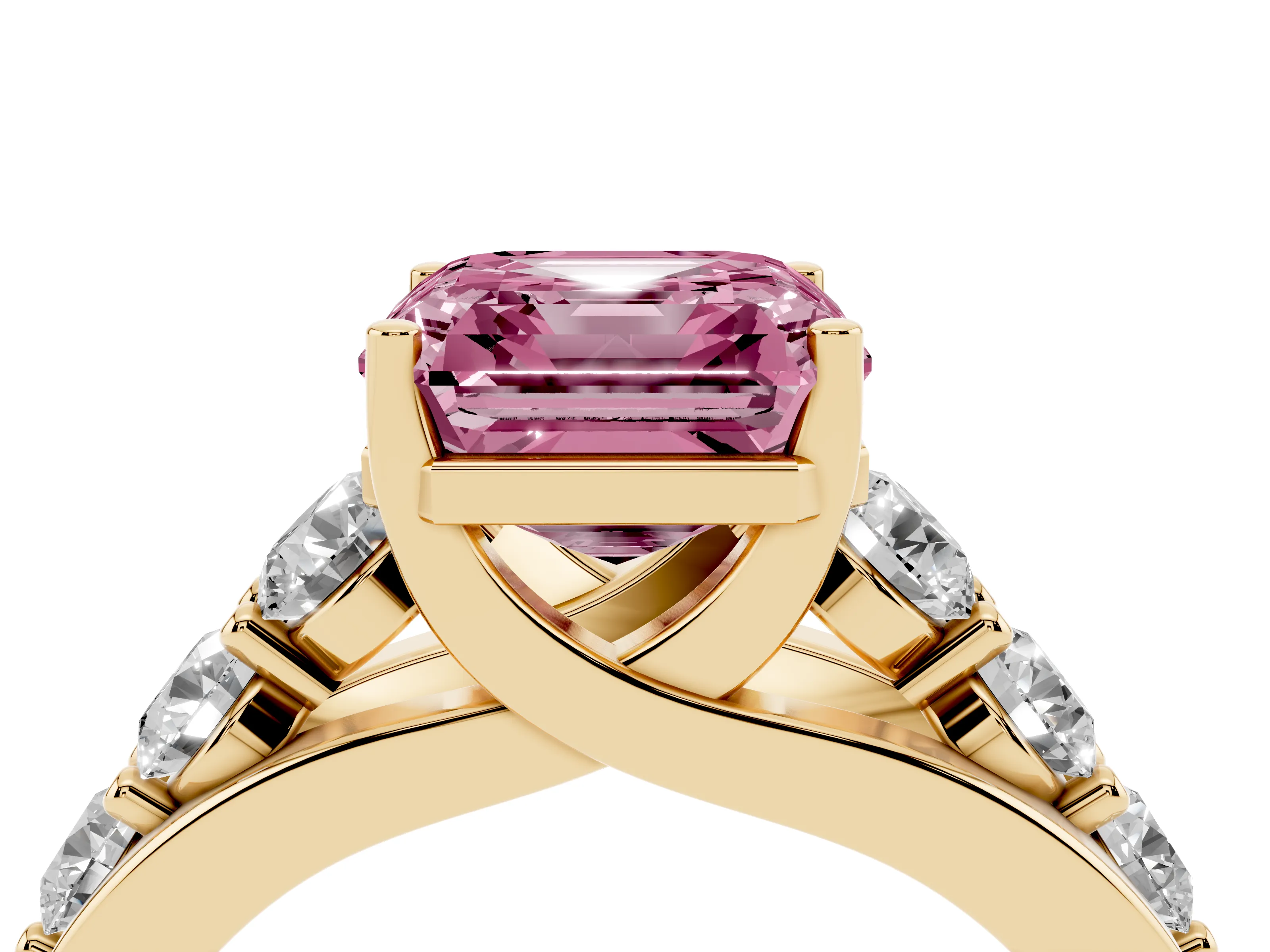 Fancy Pink Asscher Cut Diamond Pavé Engagement Ring Set in Yellow gold with Prong Setting