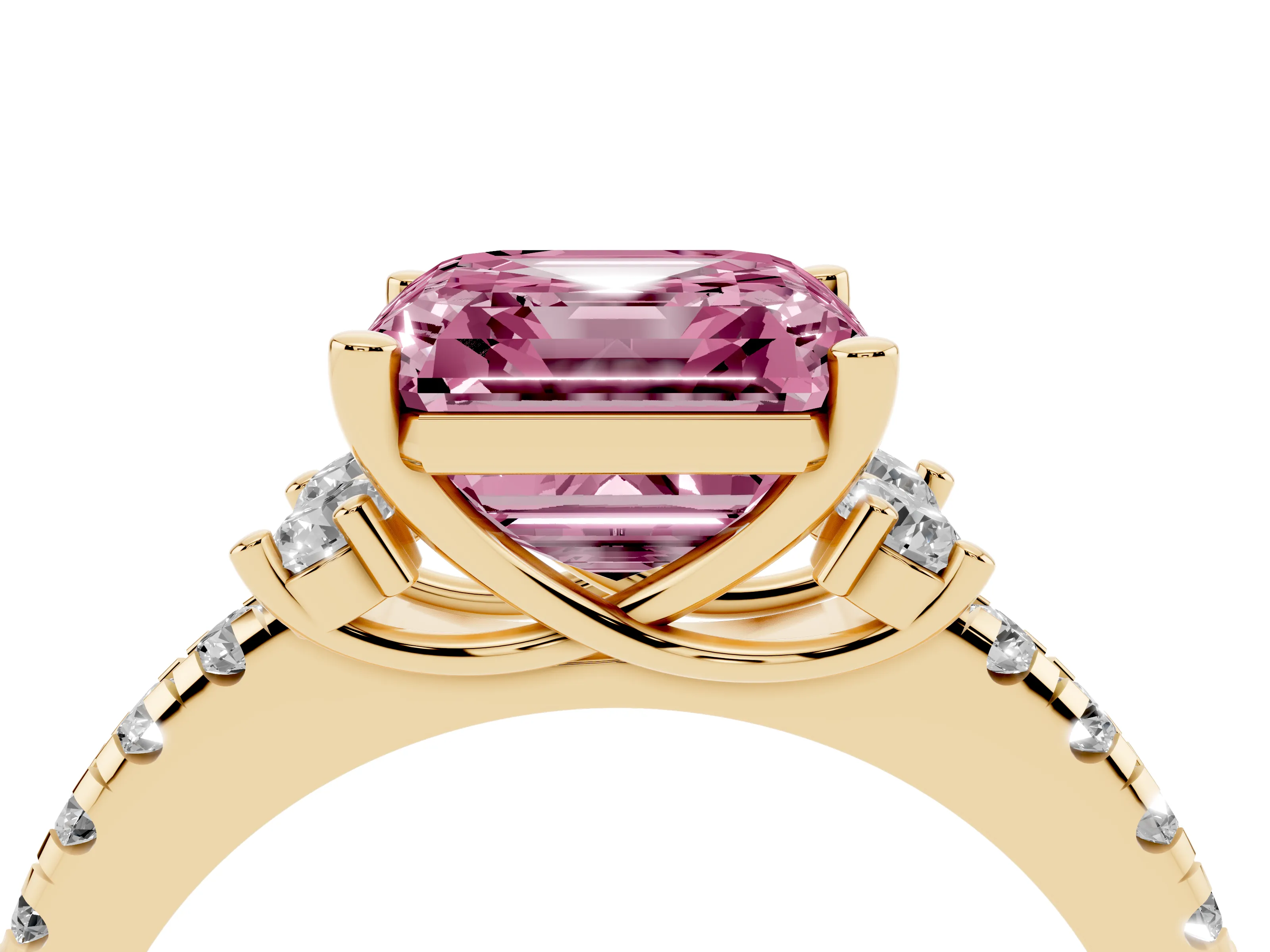 Fancy Pink Asscher Cut Diamond Three-Stone Pavé Ring Set in Yellow gold with Prong Setting