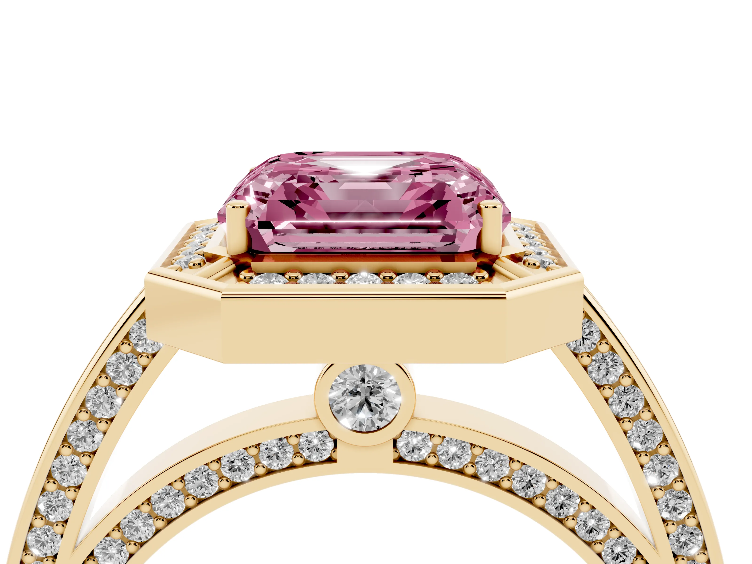 Fancy Pink Asscher Cut Diamond Halo Pavé Split Shank Ring Set in Yellow gold with Prong Setting