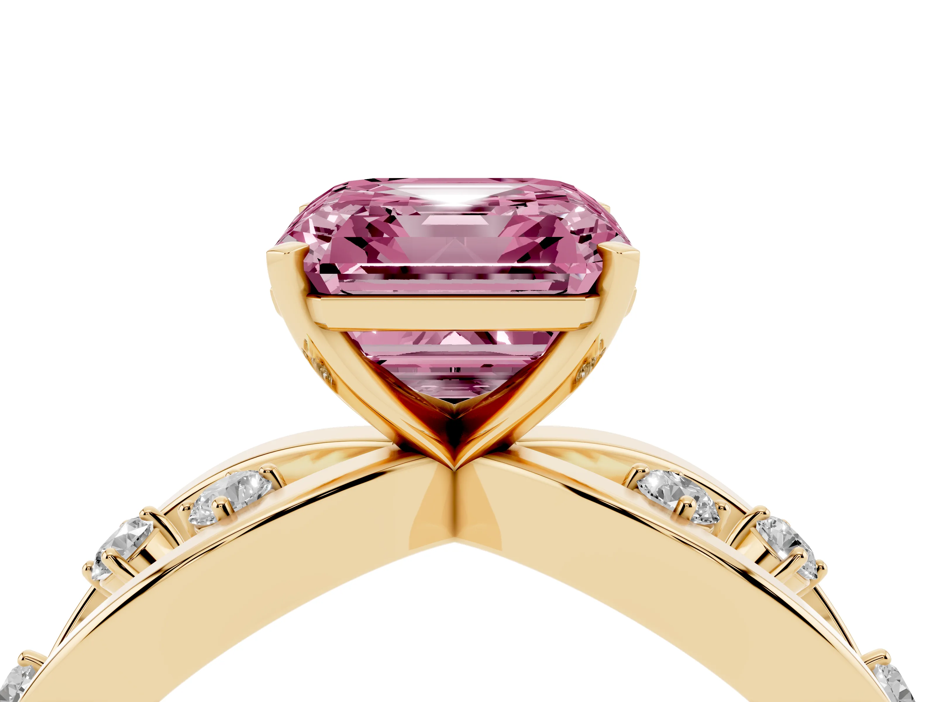 Fancy Pink Asscher Cut Diamond Solitaire Ring Set in Yellow gold with Side Stones on Criss-Cross Band and Prong Setting