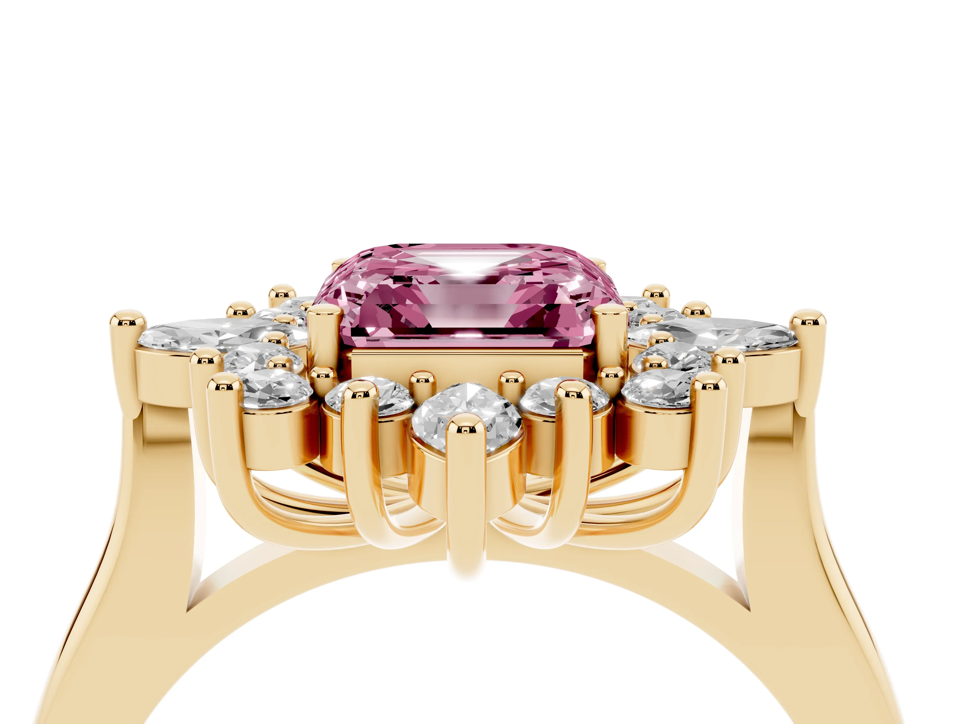 Fancy Pink Asscher Cut Diamond Cluster Halo Ring Set in Yellow gold with Marquise and Round Accents