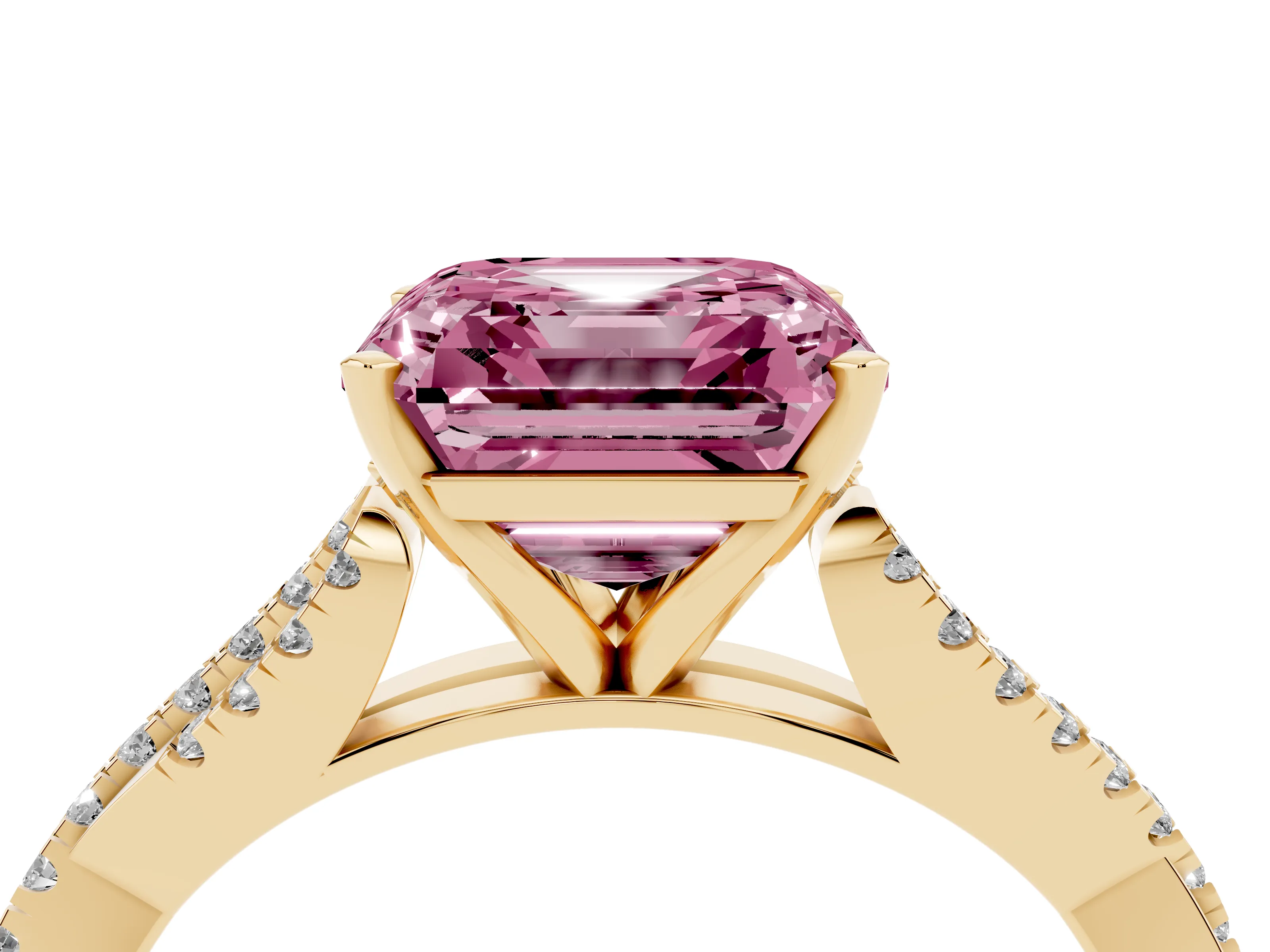 Fancy Pink Asscher Cut Diamond Solitaire Engagement Ring Set in Yellow gold with Twisted Pavé Band and Prong Setting