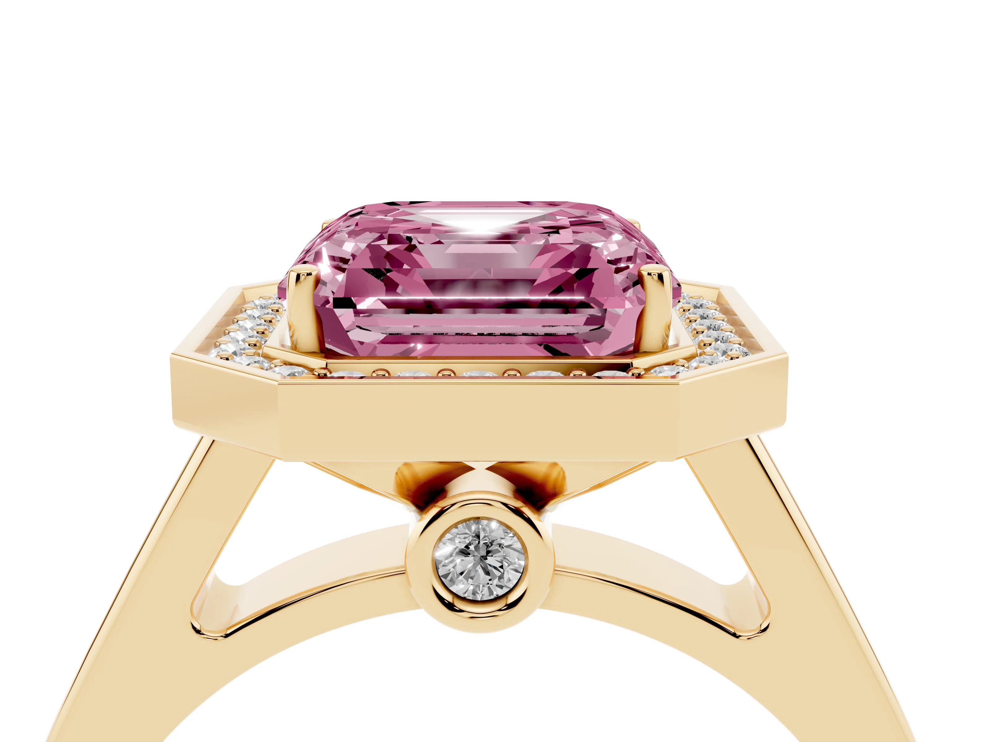 Fancy Pink Asscher Cut Diamond Halo Solitaire Ring Set in Yellow gold with Pavé Band and Bezel Setting