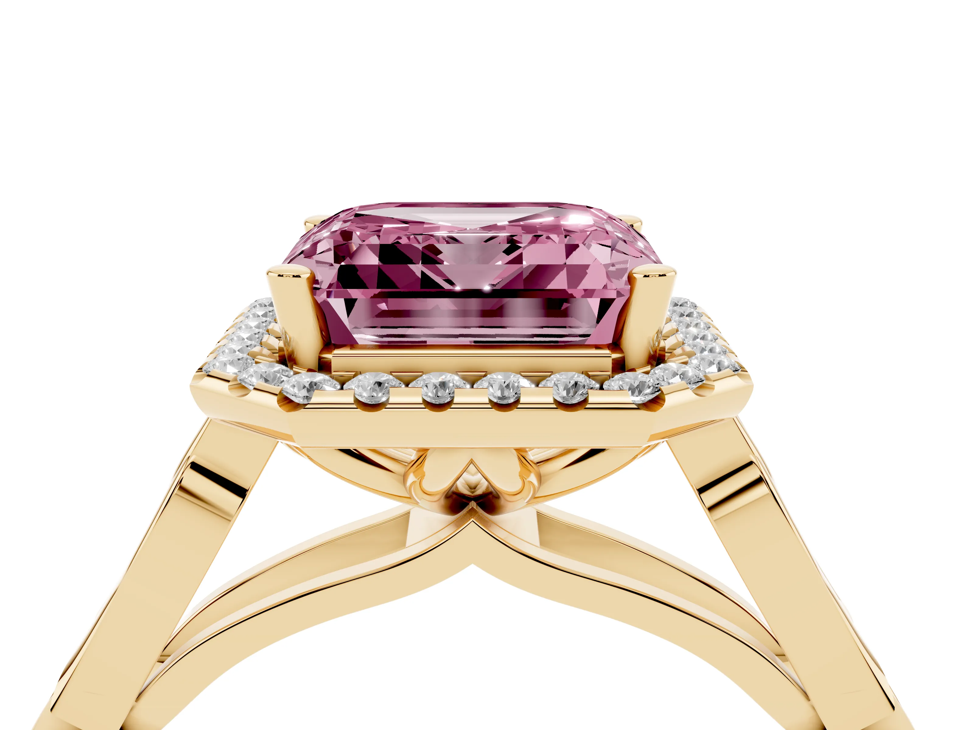 Fancy Pink Asscher Cut Diamond Halo Engagement Ring Set in Yellow gold with Filigree Band and Prong-Set Center