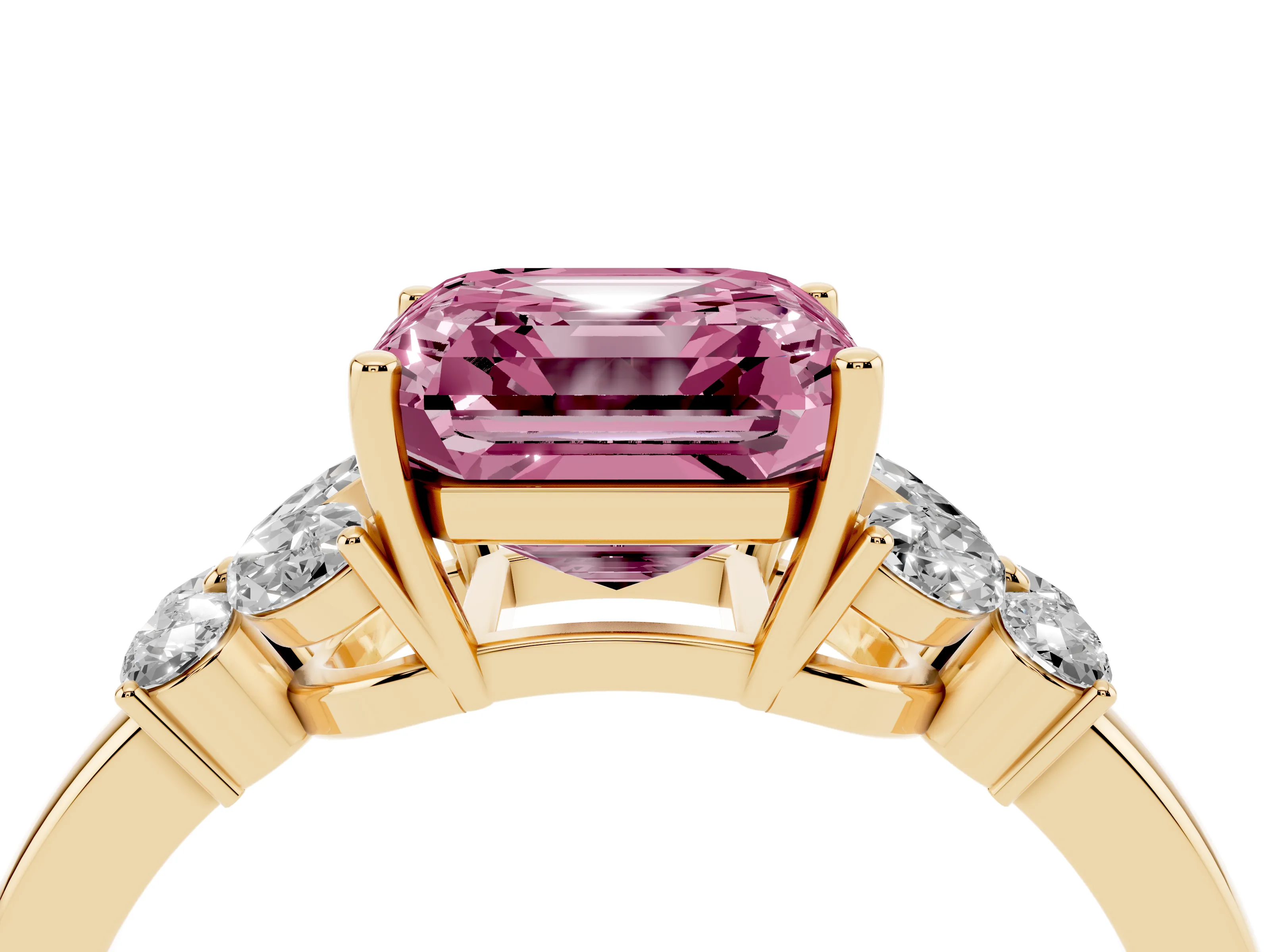 Fancy Pink Asscher Cut Diamond Solitaire Floral Ring Set in Yellow gold with Marquise Petals and Prong Setting