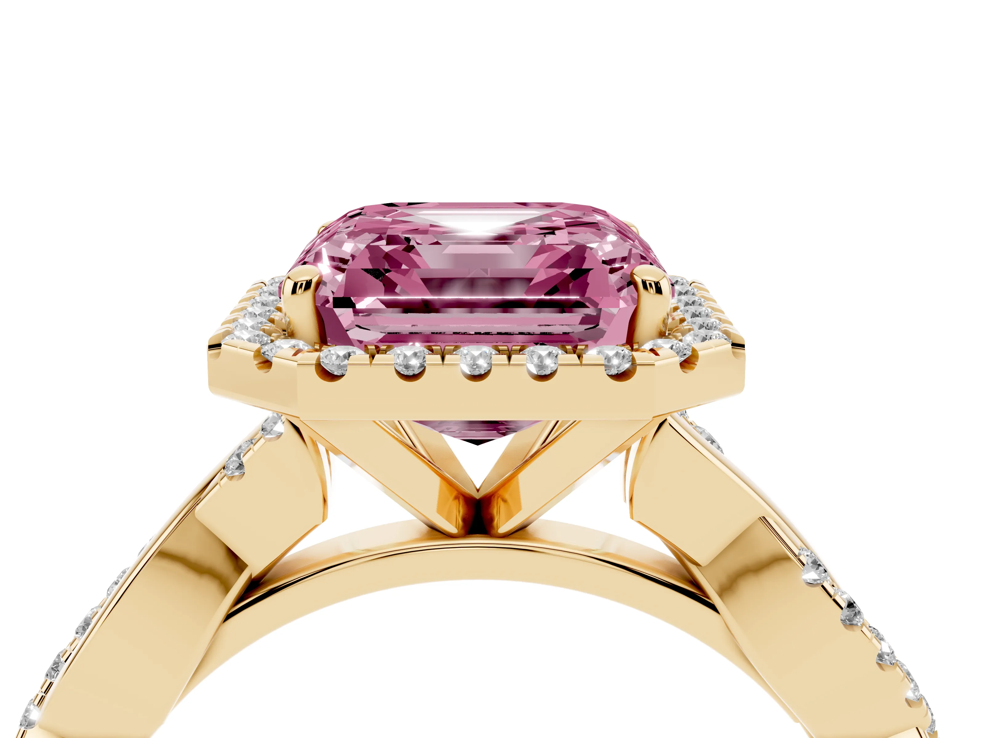 Fancy Pink Asscher Cut Diamond Halo Twisted Band Ring Set in Yellow gold with Prong Setting