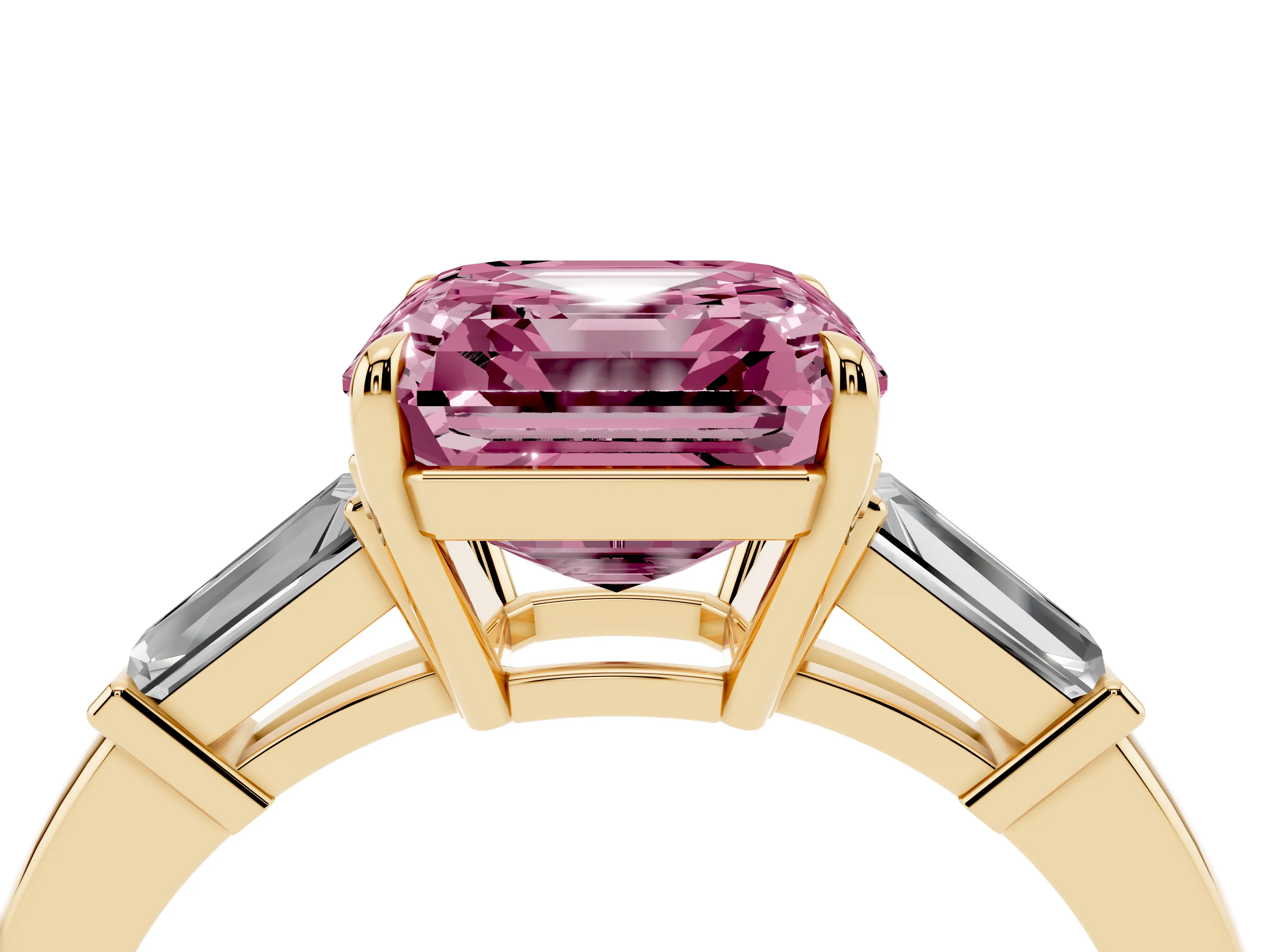 Fancy Pink Asscher Cut Diamond Three-Stone Ring Set in Yellow gold with Tapered Baguette Side Stones and Prong Setting