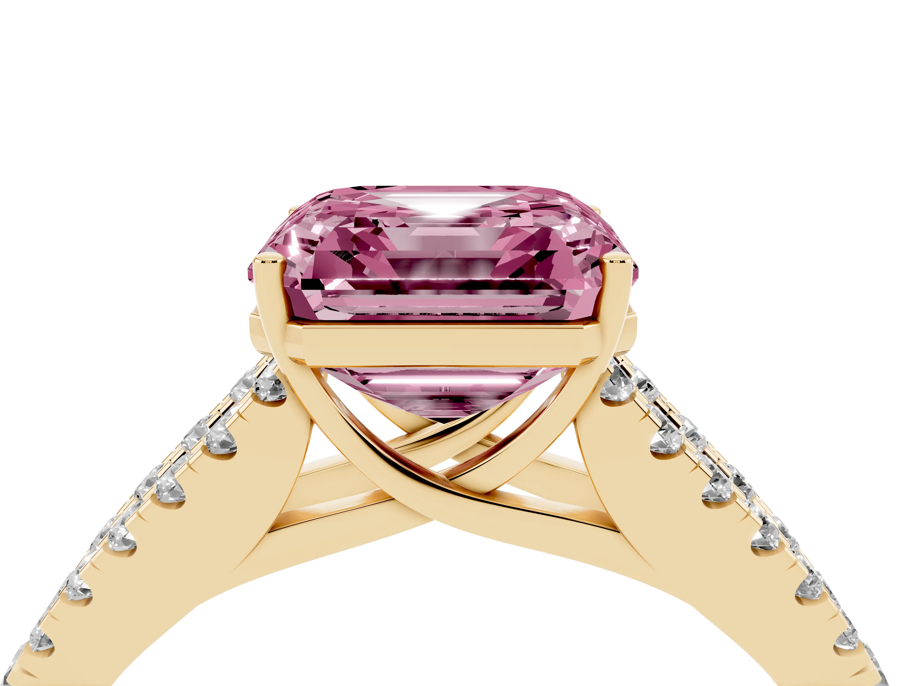 Fancy Pink Asscher Cut Diamond Split Shank Engagement Ring Set in Yellow gold with Round Pavé and Prong Setting