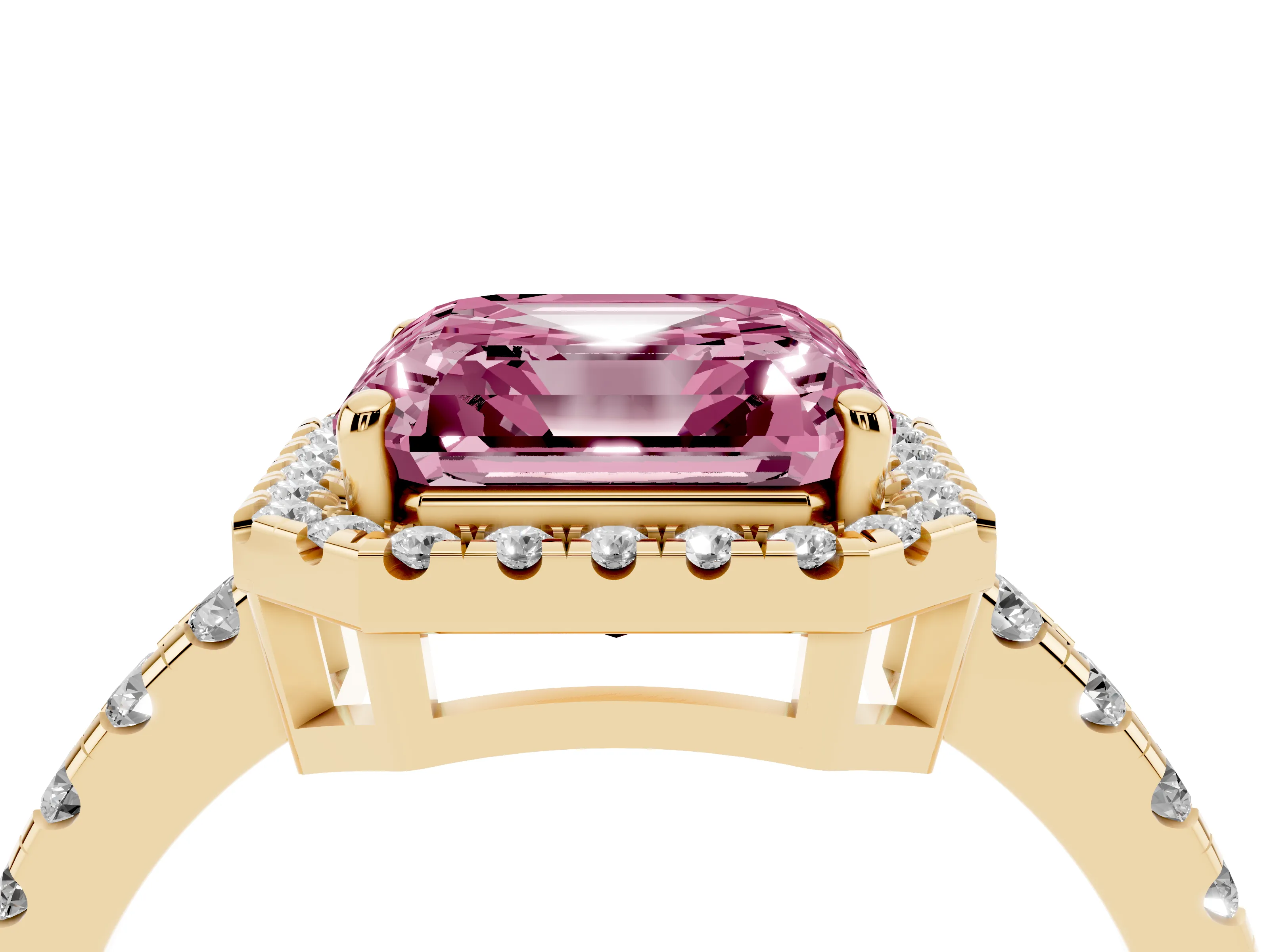 Fancy Pink Asscher Cut Diamond Halo Ring Set in Yellow gold with Delicate Pavé Band and Prong Setting