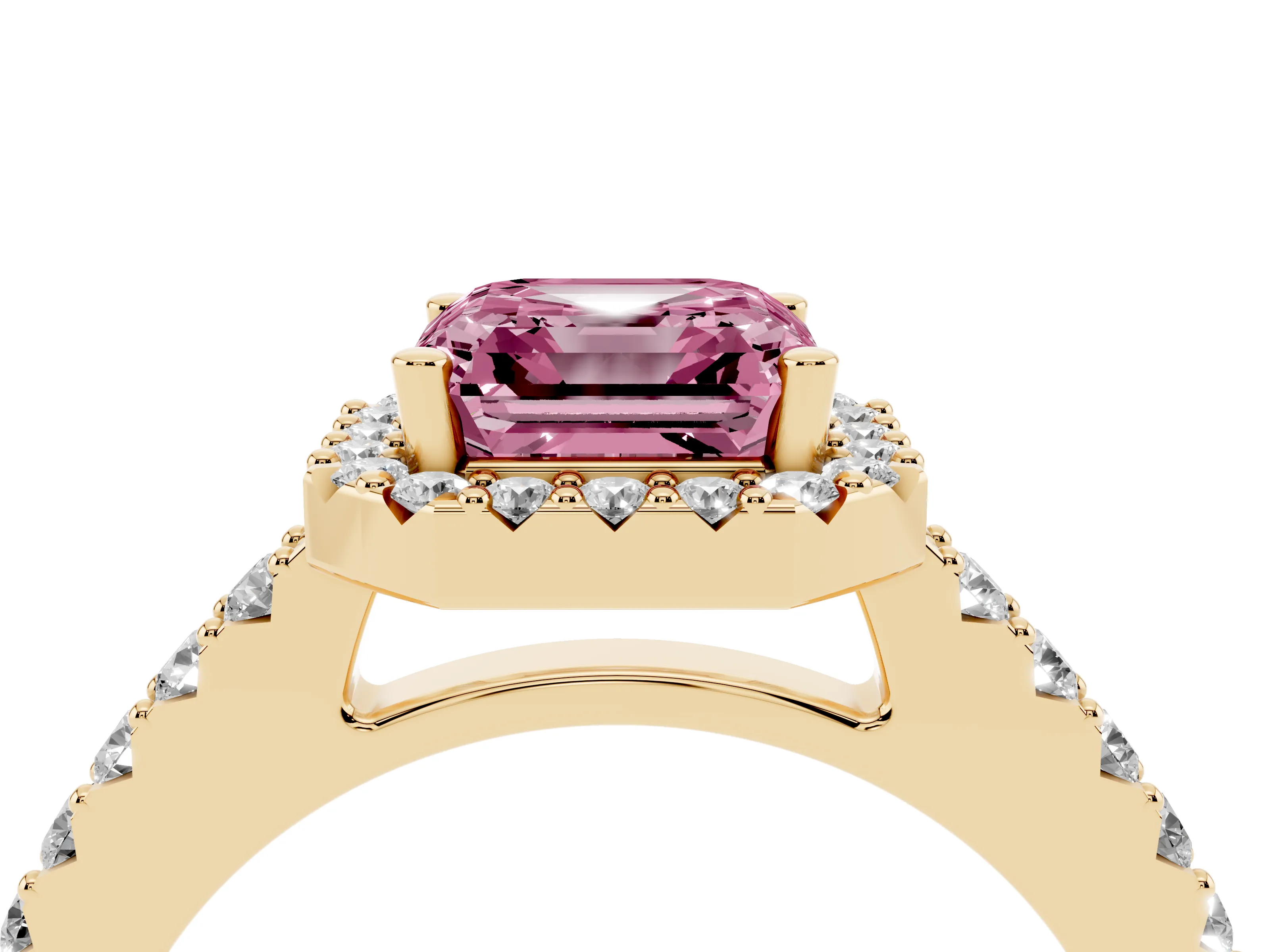 Fancy Pink Asscher Cut Diamond Halo Pavé Solitaire Ring Set in Yellow gold with Prong-Set Center Stone
