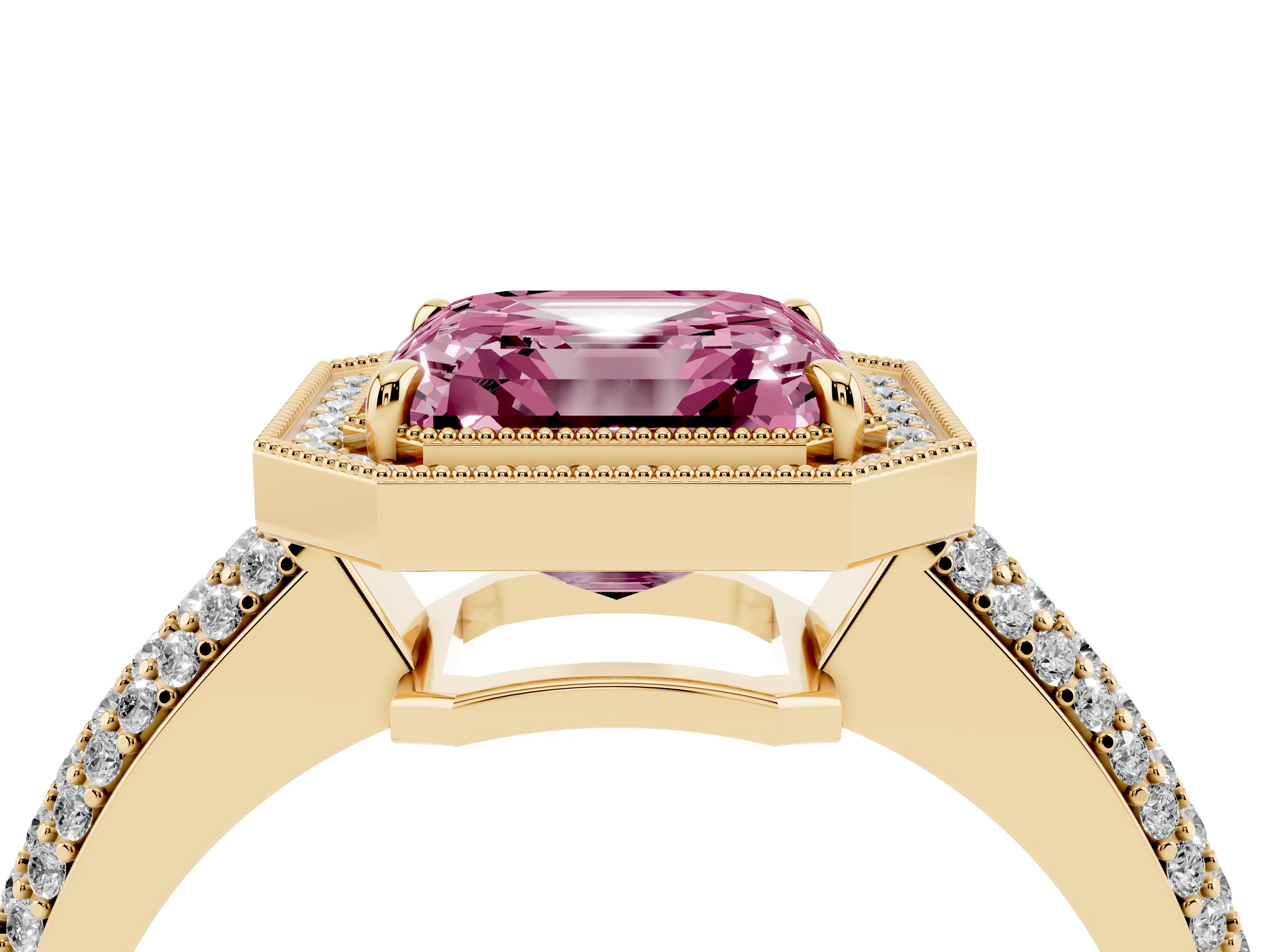 Fancy Pink Asscher Cut Diamond Halo Pavé Band Set in Yellow gold with Prong Setting