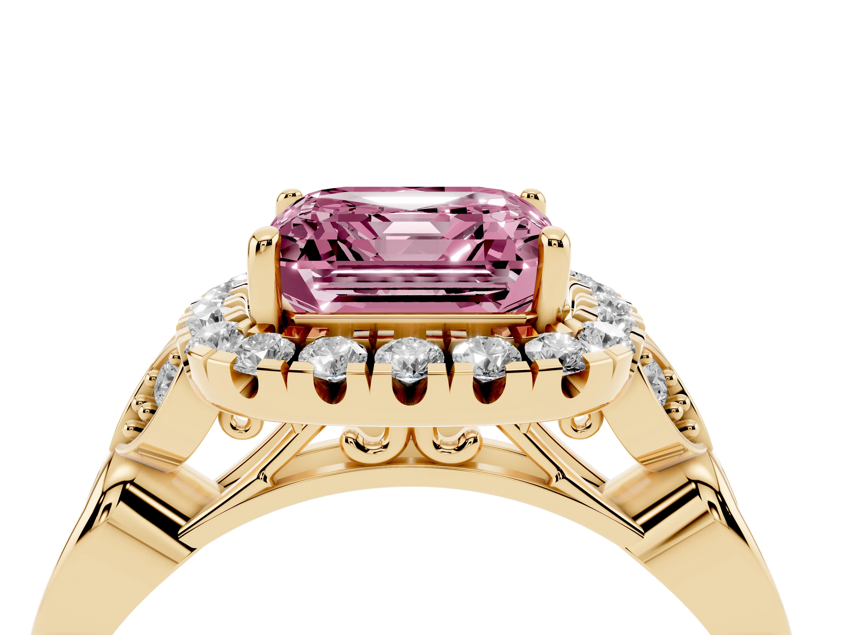 Fancy Pink Asscher Cut Diamond Halo Engagement Ring Set in Yellow gold with Vintage-Inspired Band and Prong Setting