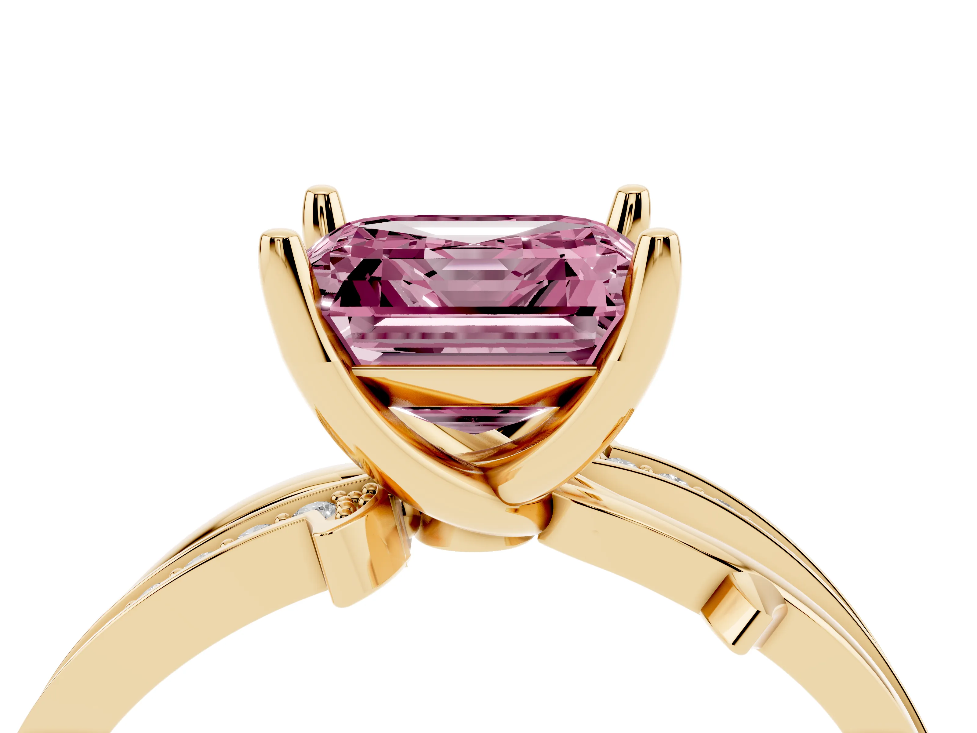 Fancy Pink Asscher Cut Diamond Pavé Twist Band Solitaire Ring Set in Yellow gold with Prong Setting