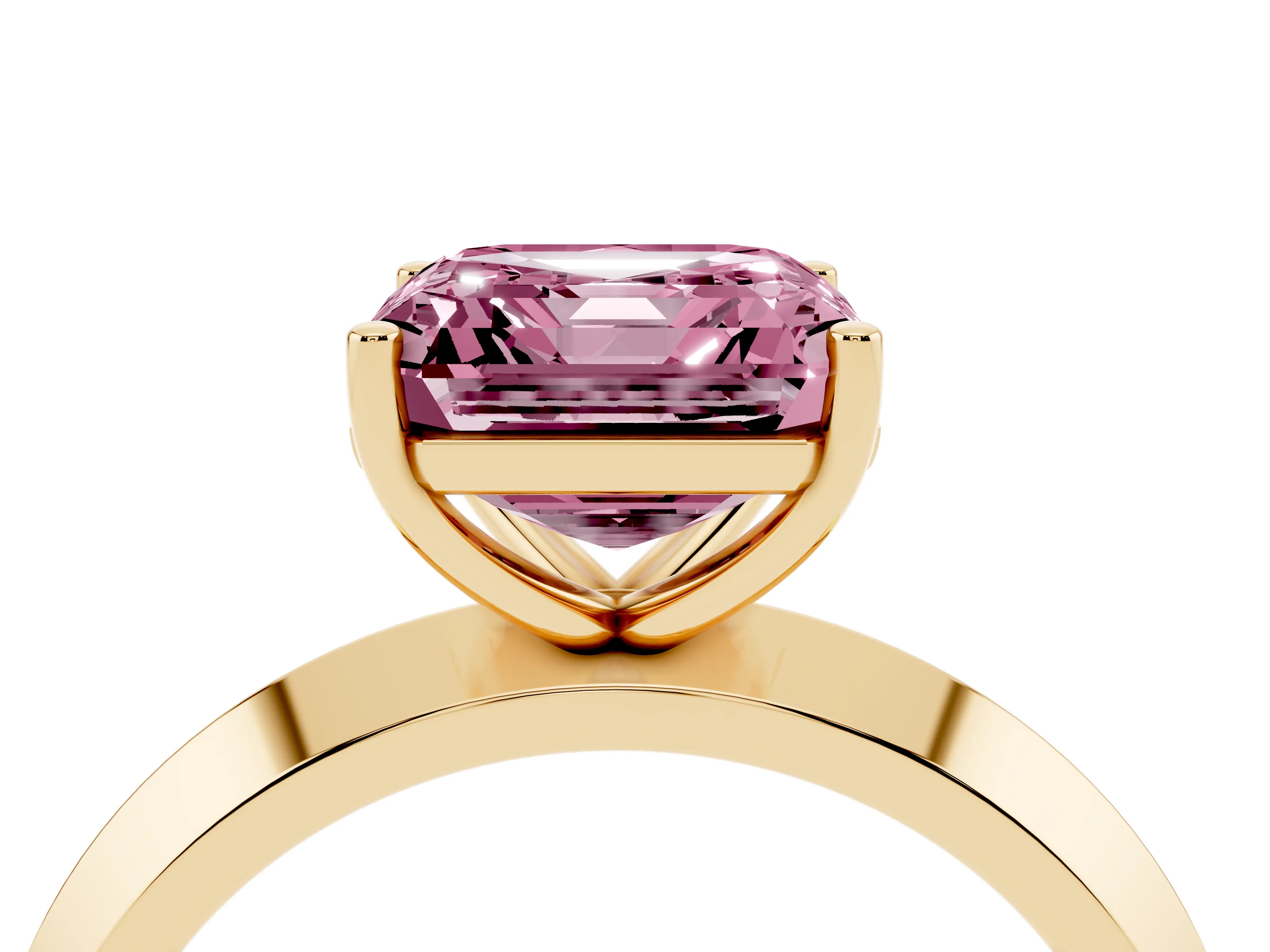 Fancy Pink Asscher Cut Diamond Solitaire Engagement Ring Set in Yellow gold with Flat Band and Prong Setting