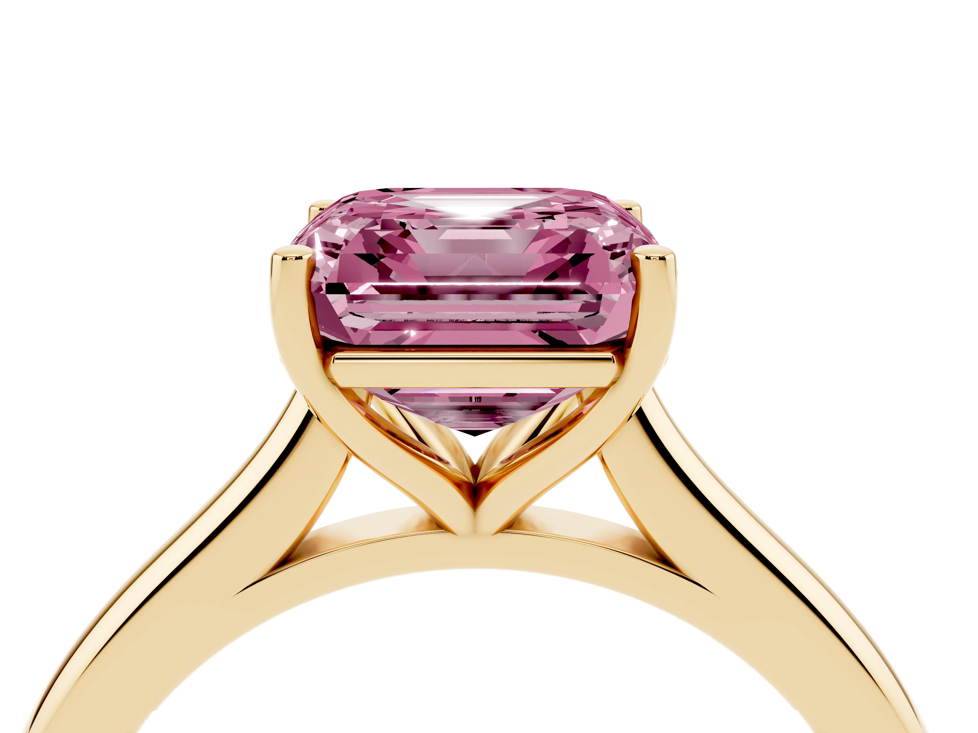 Fancy Pink Asscher Cut Diamond Solitaire Ring Set in Yellow gold with Cathedral Band and Prong Setting