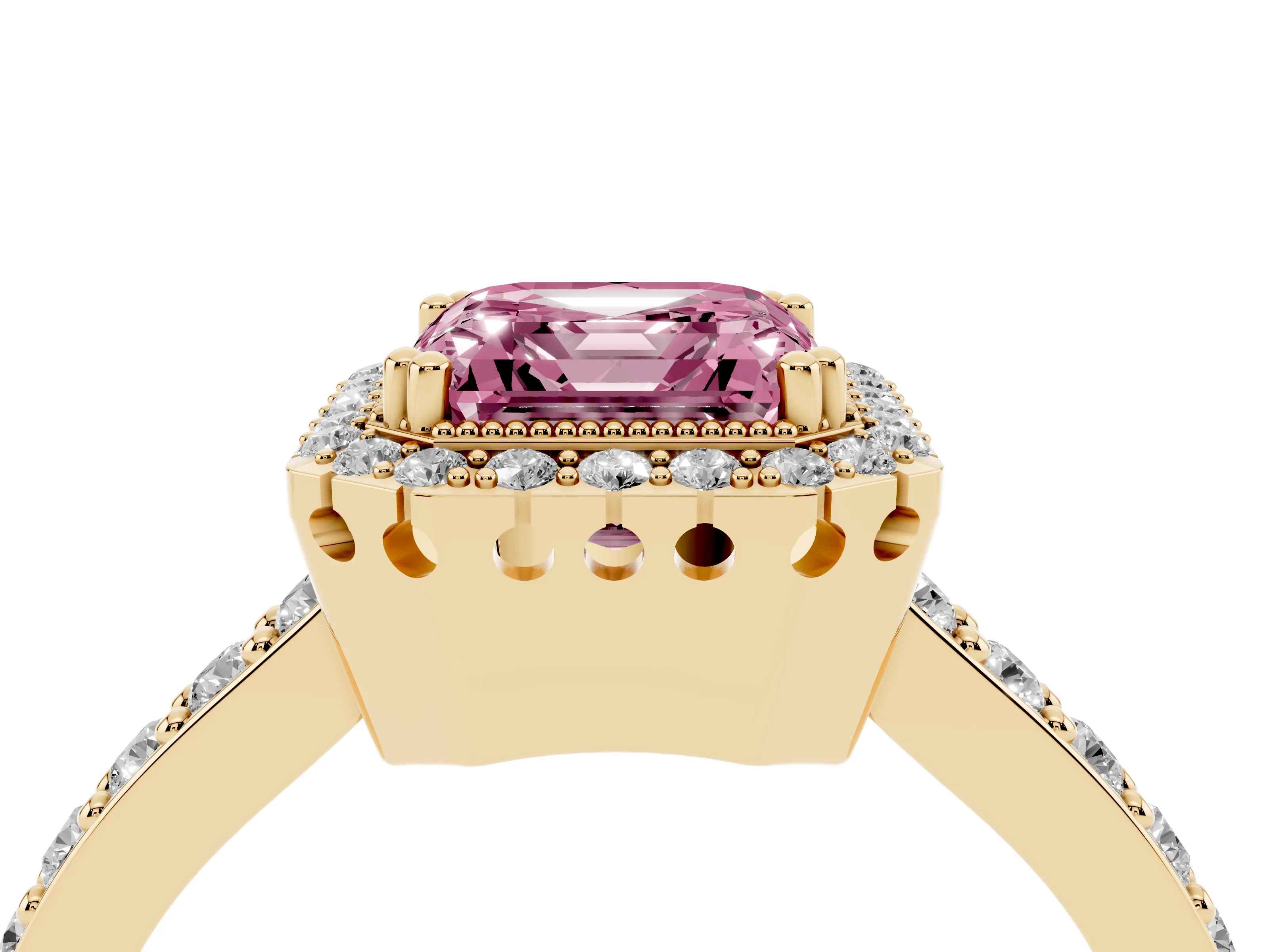 Fancy Pink Asscher Cut Diamond Halo Engagement Ring Set in Yellow gold with Milgrain Detail and Pavé Band