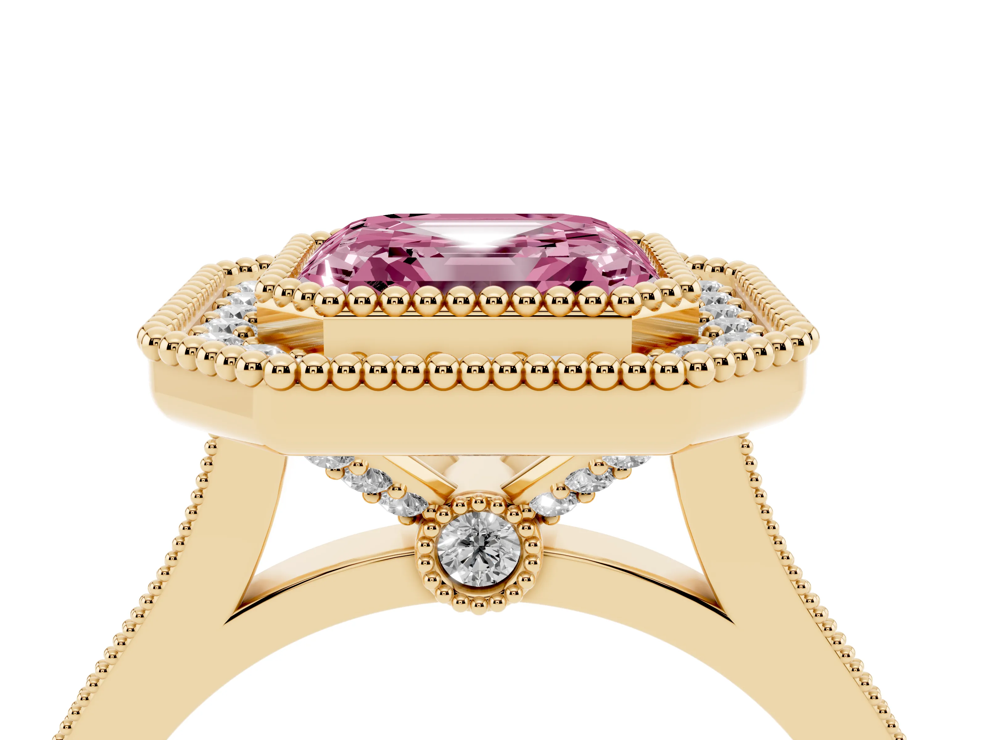 Fancy Pink Asscher Cut Diamond Halo Ring Set in Yellow gold with Milgrain Frame and Pavé Band