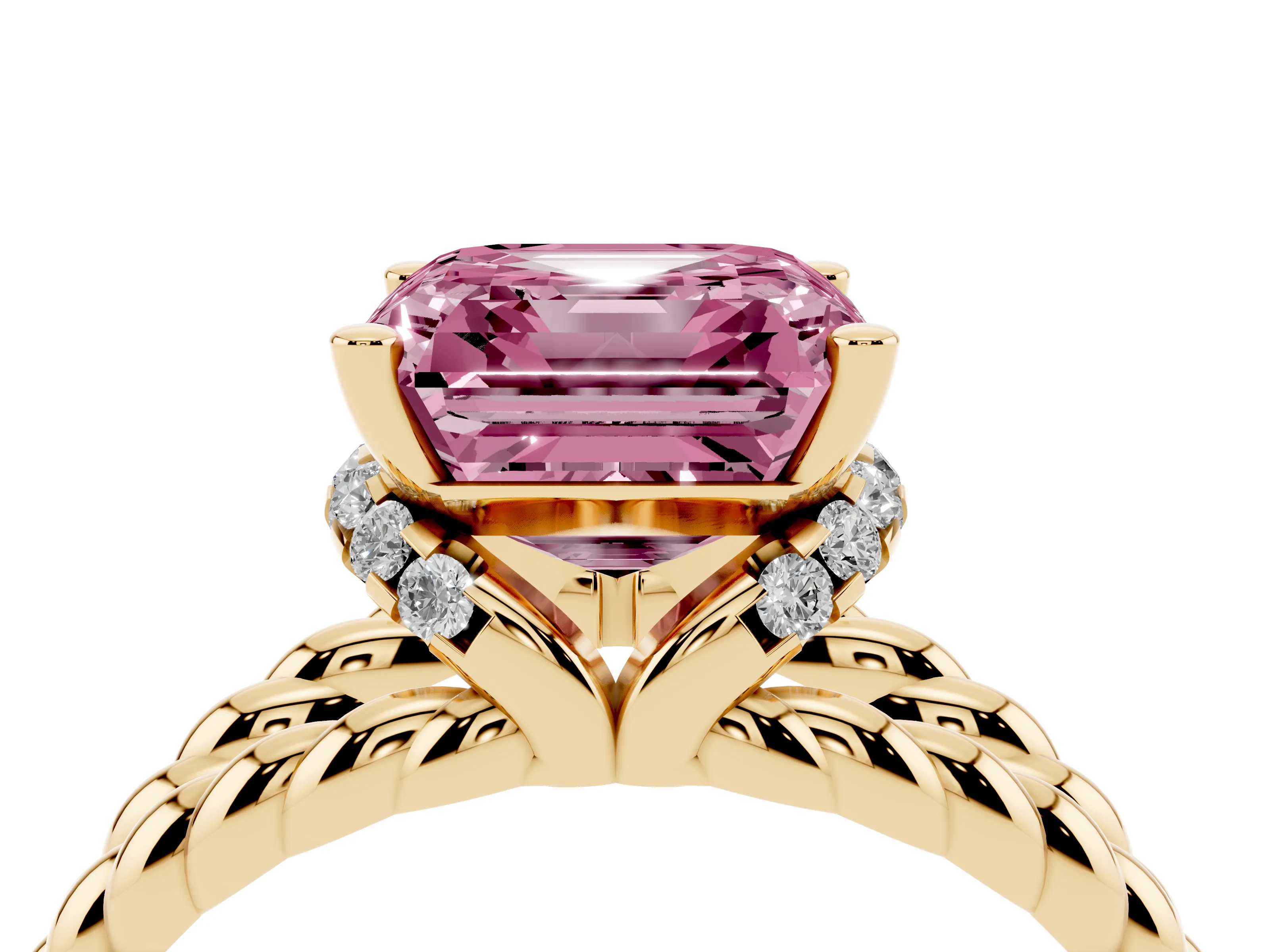 Fancy Pink Asscher Cut Diamond Halo Ring Set in Yellow gold with Twisted Band and Prong Setting