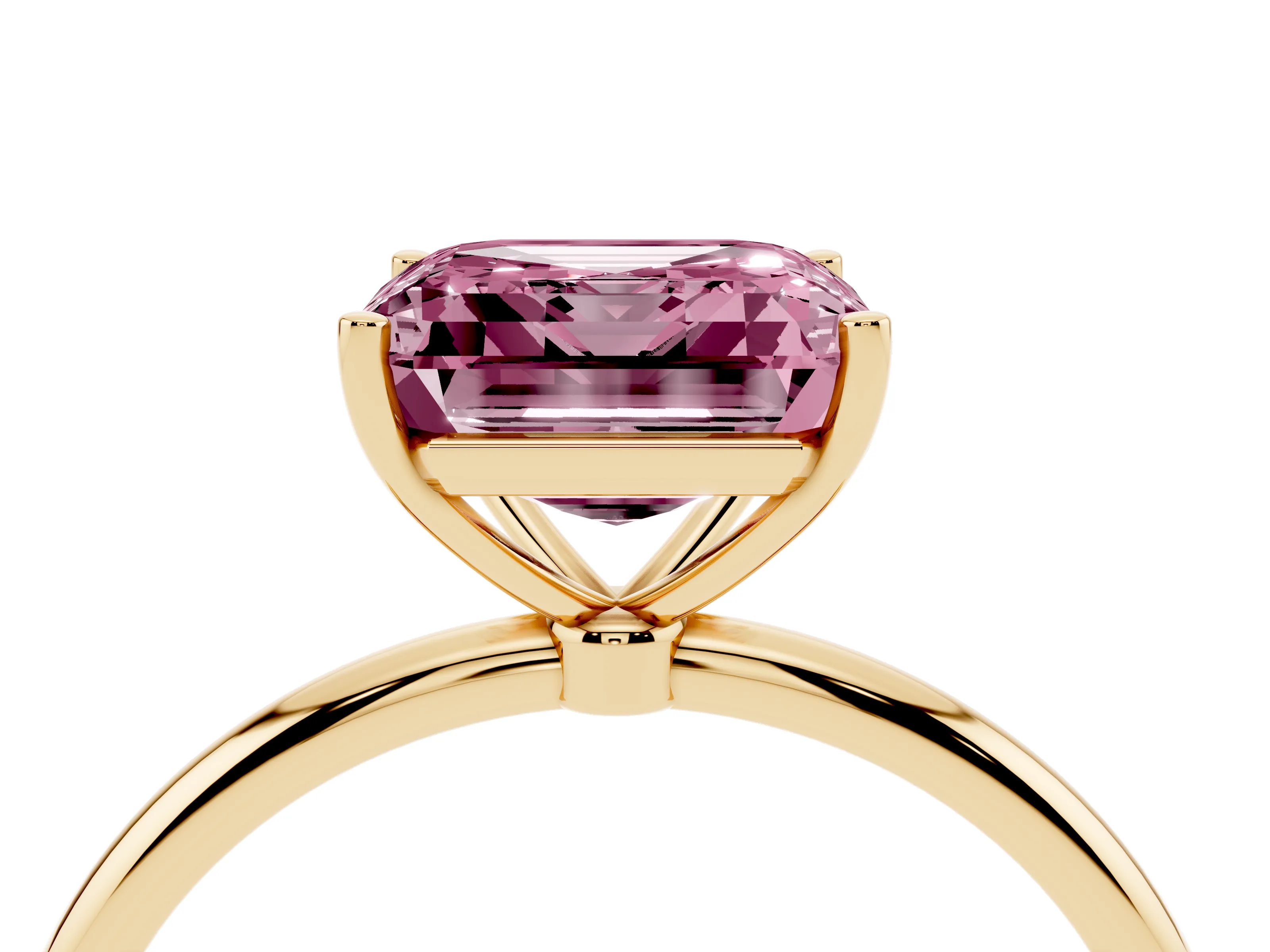 Fancy Pink Asscher Cut Diamond Solitaire Engagement Ring Set in Yellow gold with Thin Band and Prong Setting