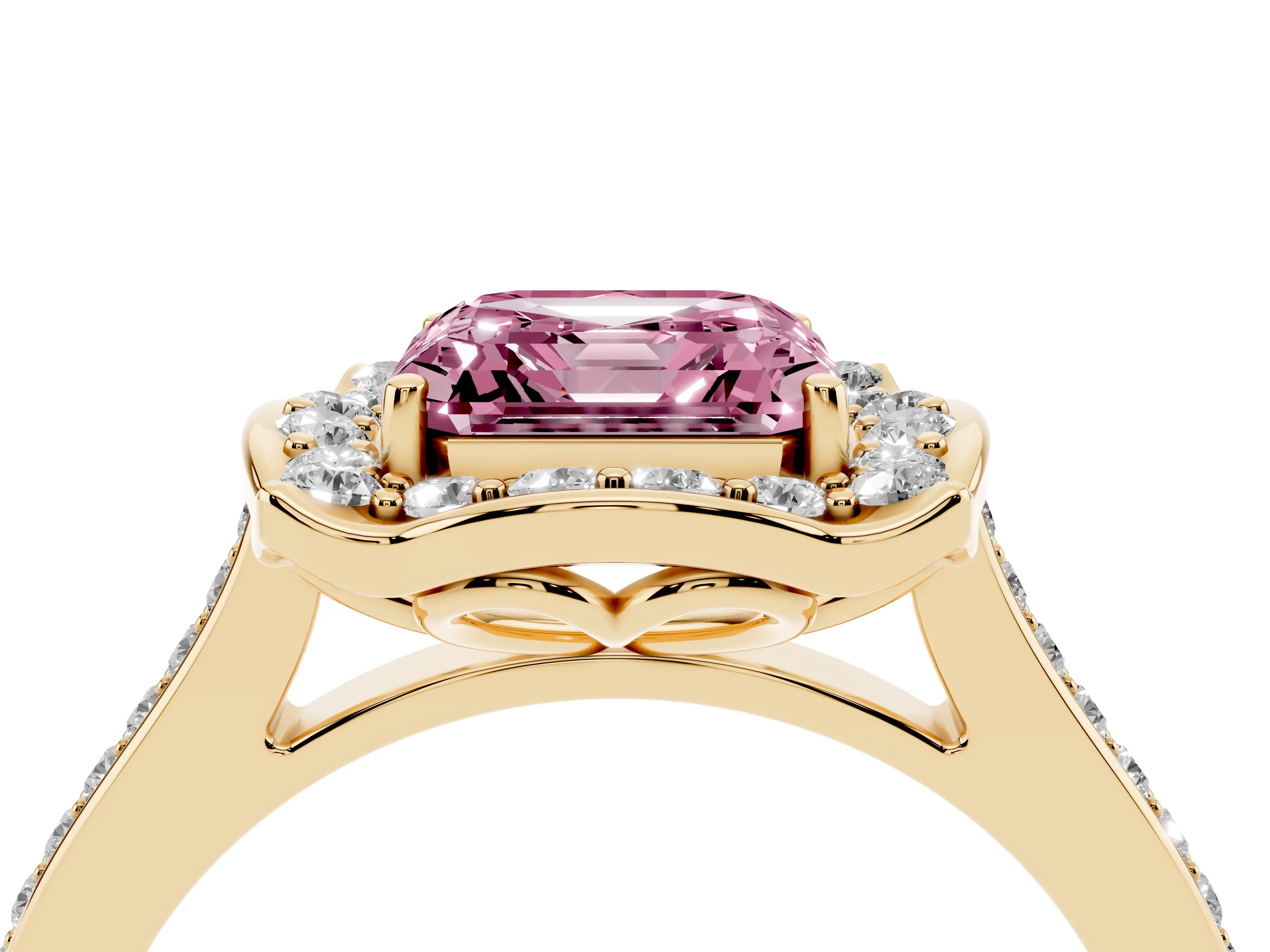 Fancy Pink Asscher Cut Diamond Halo Ring Set in Yellow gold with Pavé-Lined Shoulders and Prong Setting