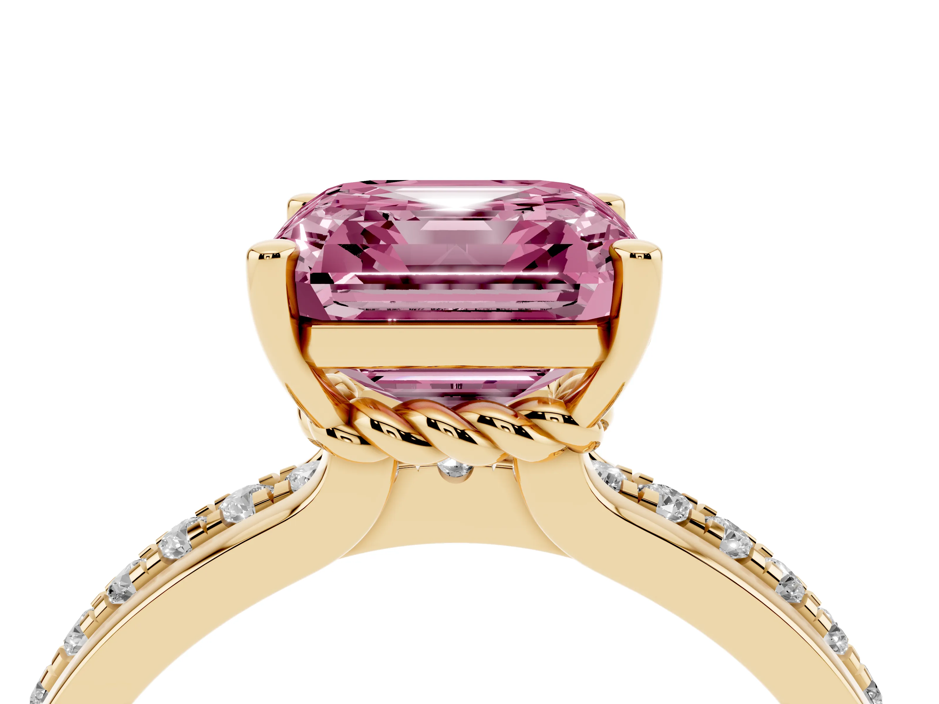Fancy Pink Asscher Cut Diamond Solitaire Ring Set in Yellow gold with Channel Set Band and Prong Setting
