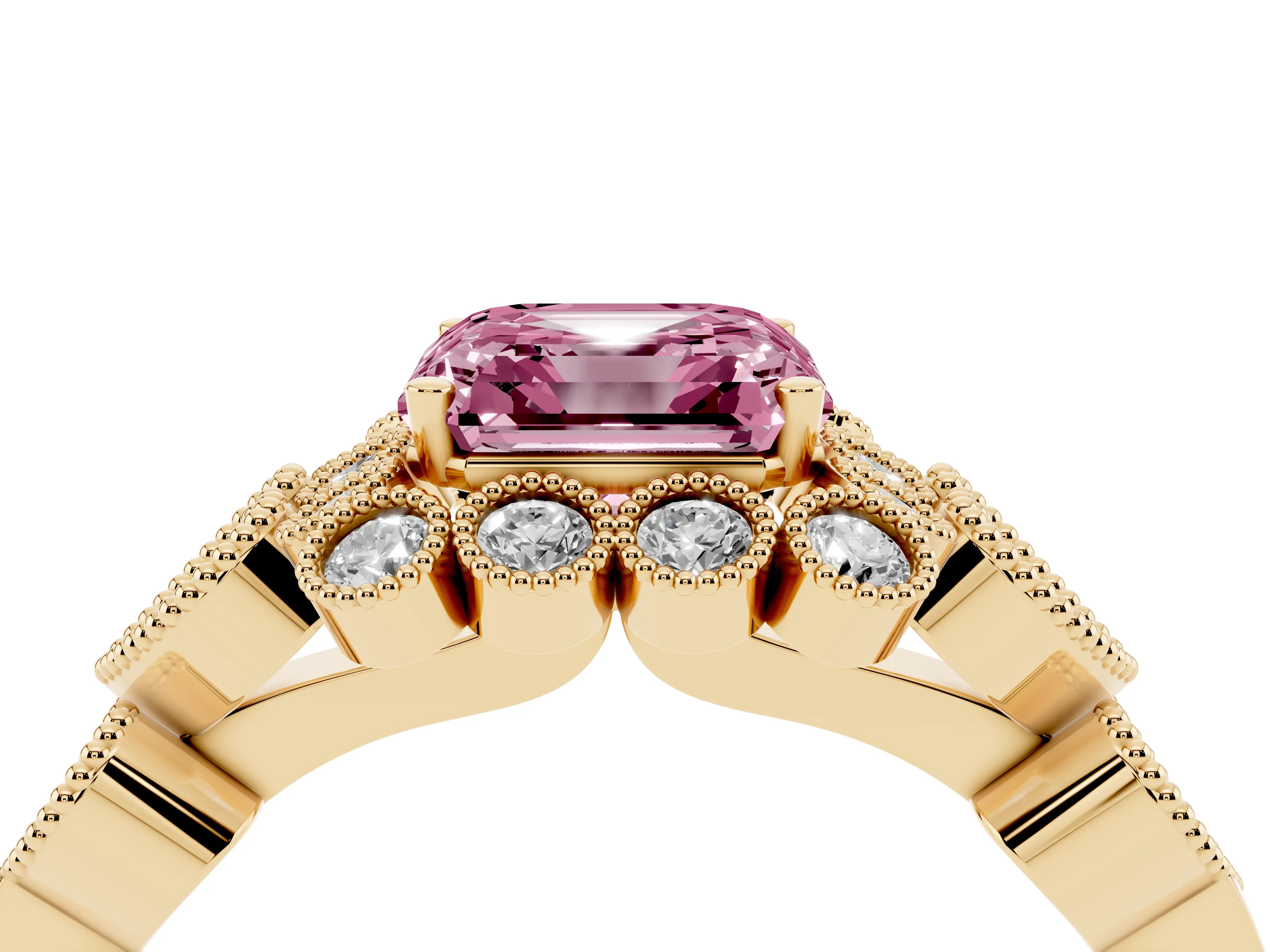 Fancy Pink Asscher Cut Diamond Solitaire Ring Set in Yellow gold with Milgrain Pavé Heart Band