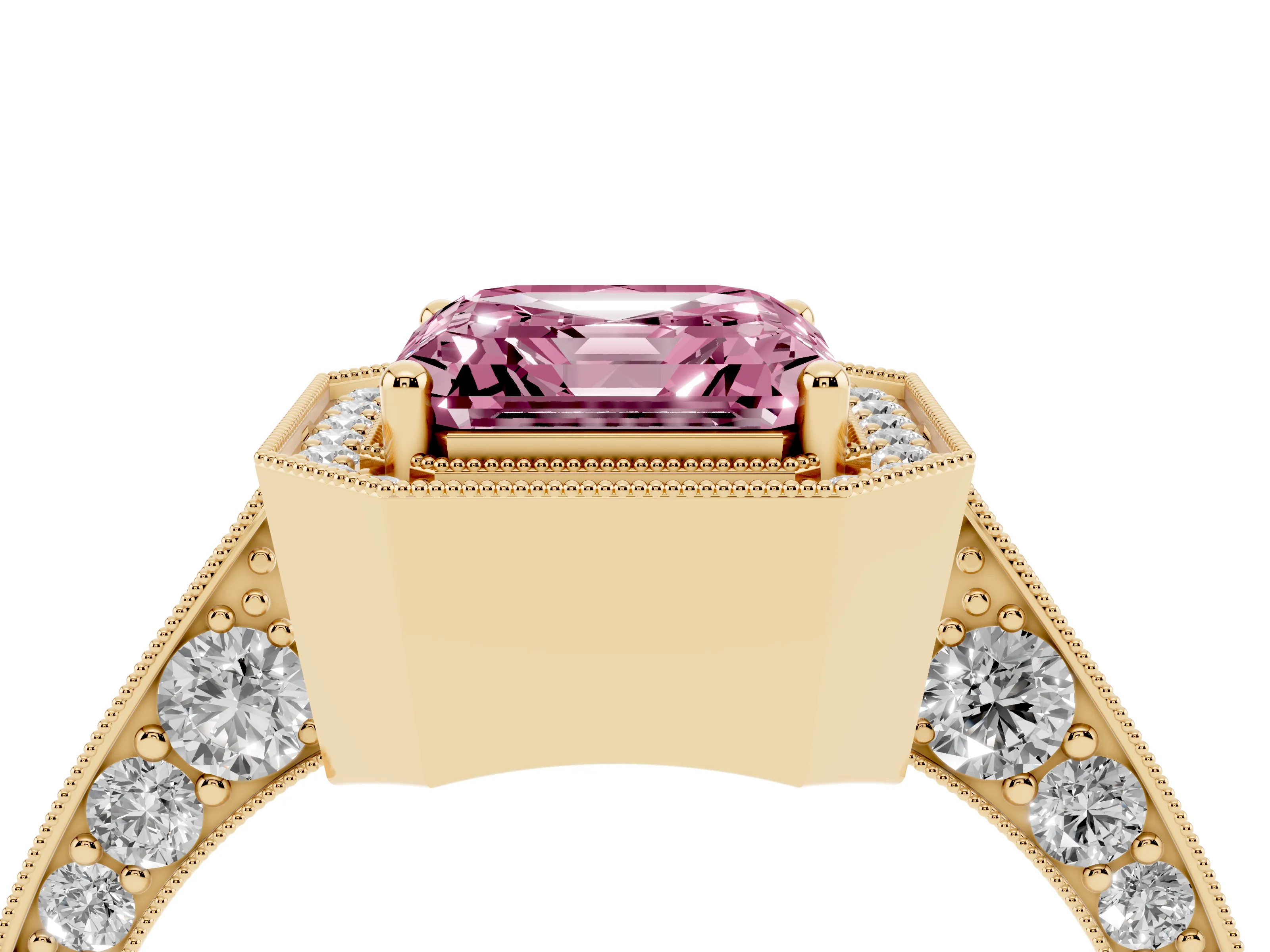 Fancy Pink Asscher Cut Diamond Halo Engagement Ring Set in Yellow gold with Accent Split Shank Band