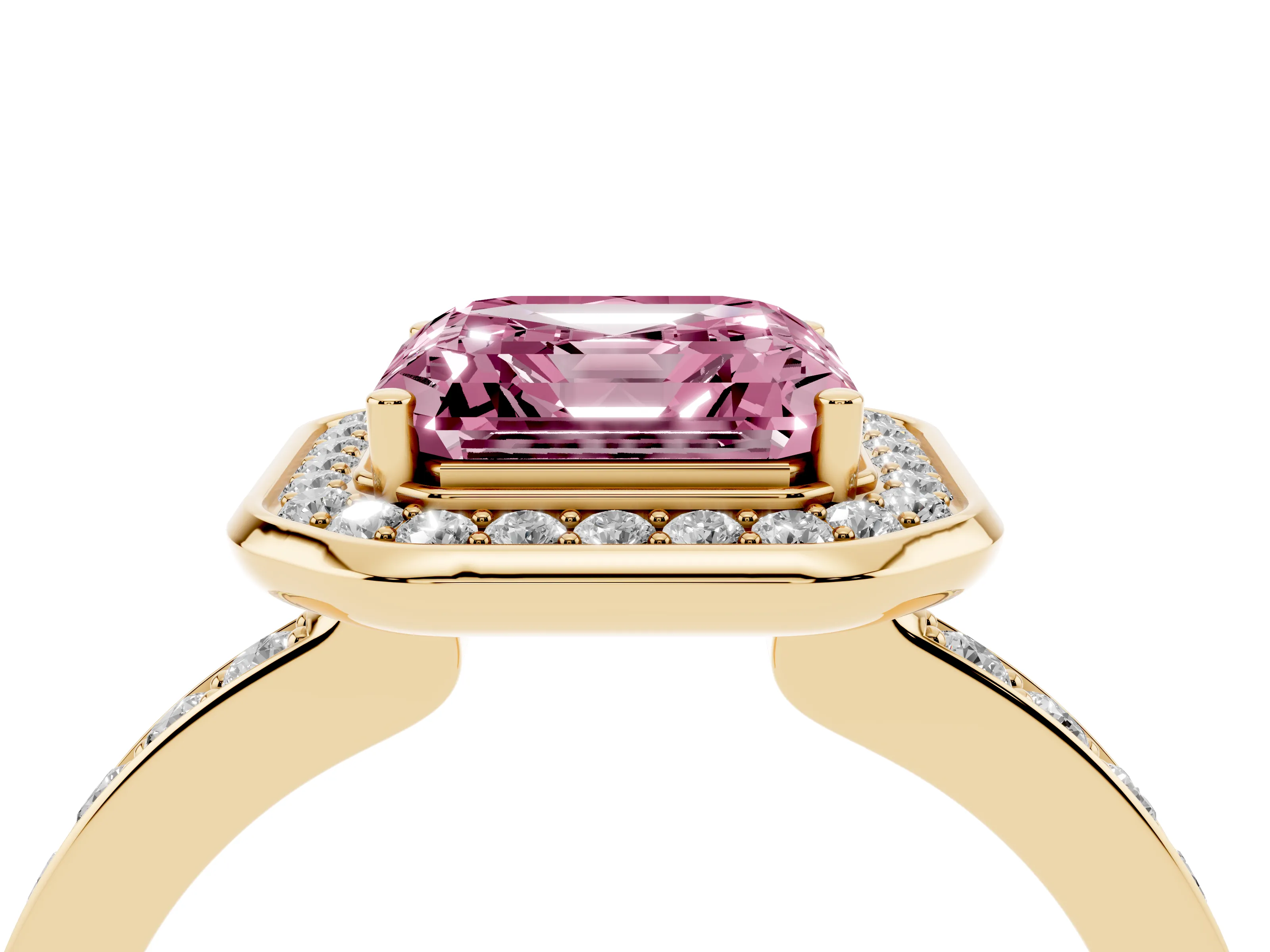 Fancy Pink Asscher Cut Diamond Halo Ring Set in Yellow gold with Bezel Frame and Pavé Band