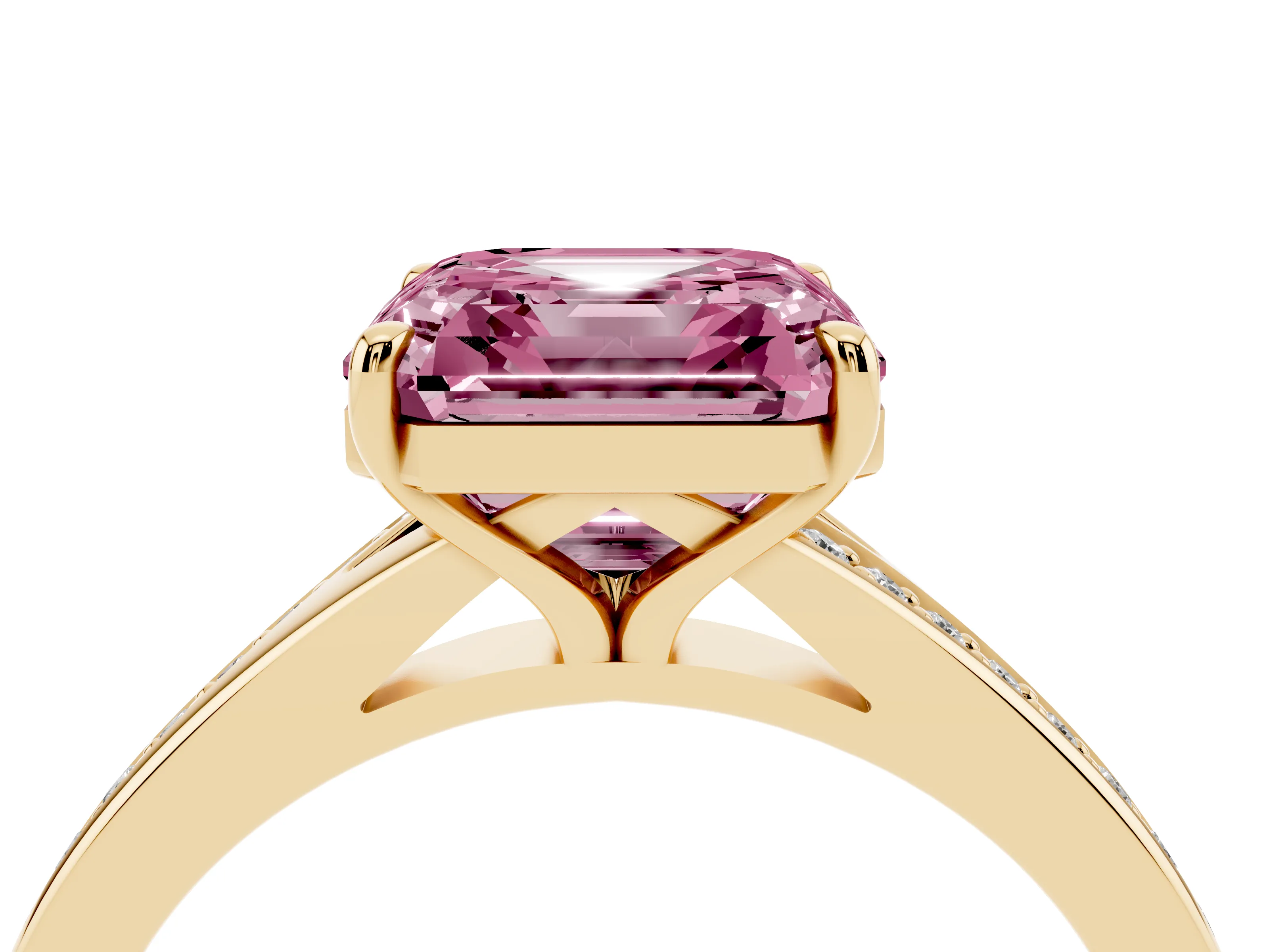 Fancy Pink Asscher Cut Diamond Solitaire Ring Set in Yellow gold with Pavé Accent Band and Classic Prong Setting
