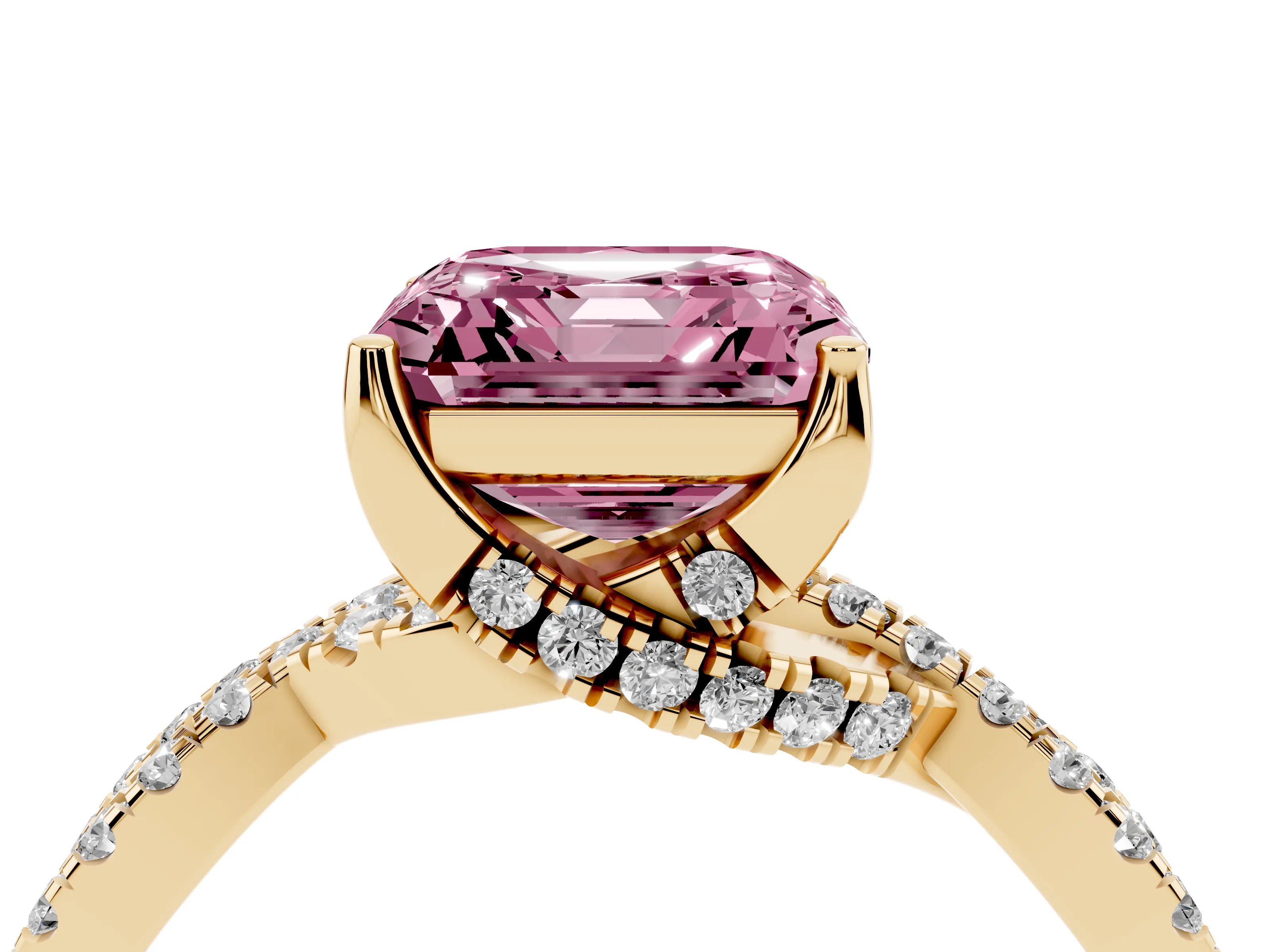 Fancy Pink Asscher Cut Diamond Twist Pavé Solitaire Engagement Ring Set in Yellow gold with Prong Setting
