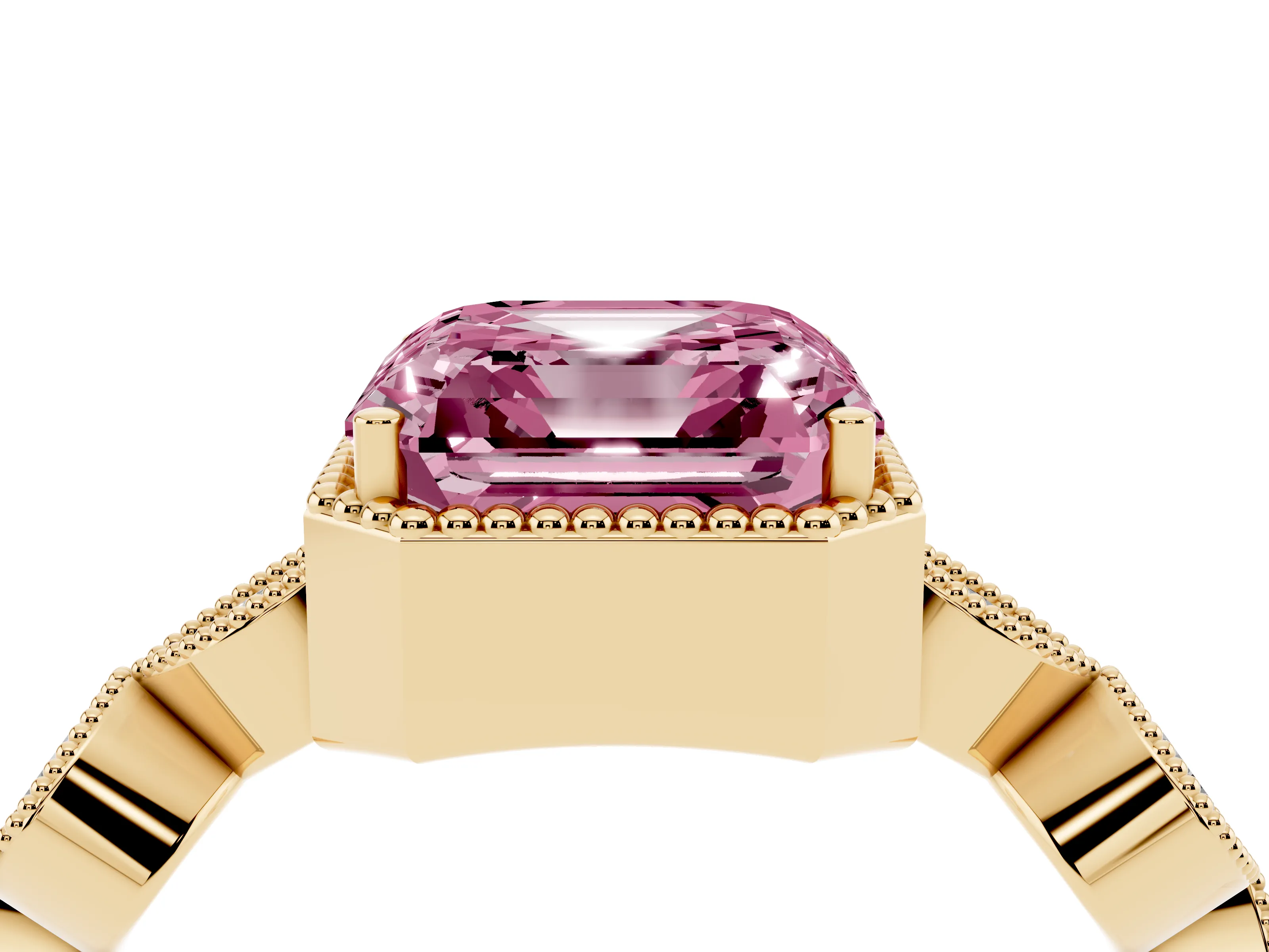 Fancy Pink Asscher Cut Diamond Vintage-Inspired Milgrain Ring Set in Yellow gold with Marquise Stations of Round Accents