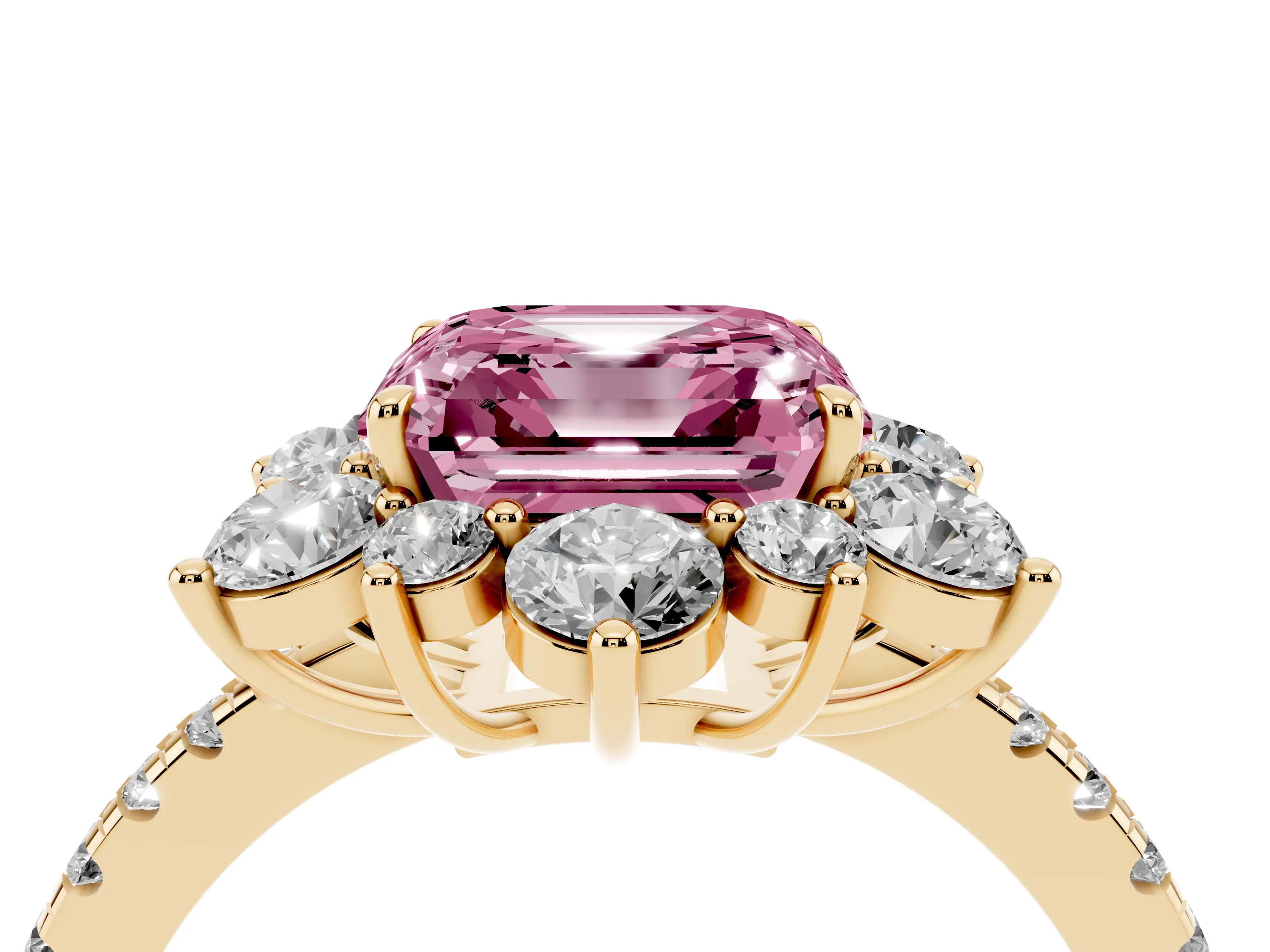 Fancy Pink Asscher Cut Diamond Floral Halo Ring Set in Yellow gold with Round Pavé Band and Prong Setting