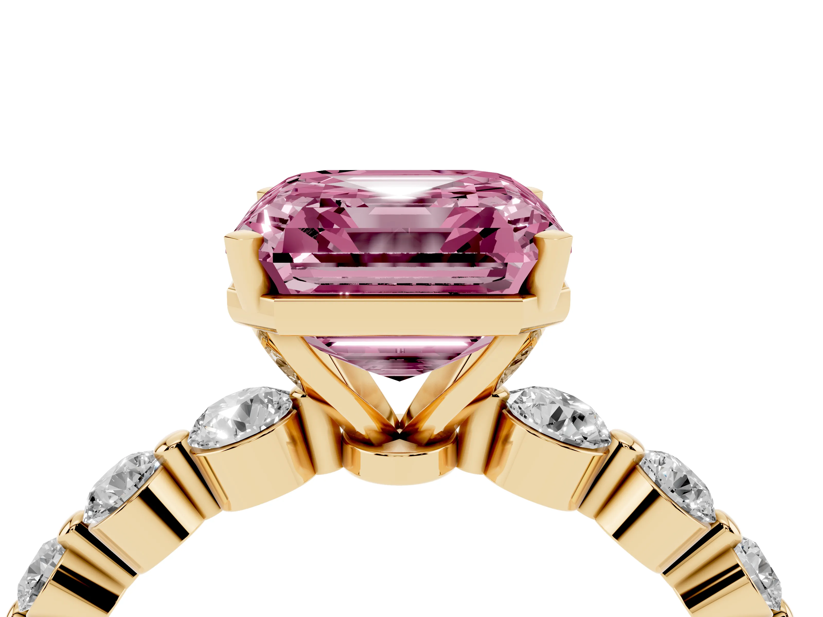 Fancy Pink Asscher Cut Diamond Solitaire Ring Set in Yellow gold with Pavé Band and Prong Setting