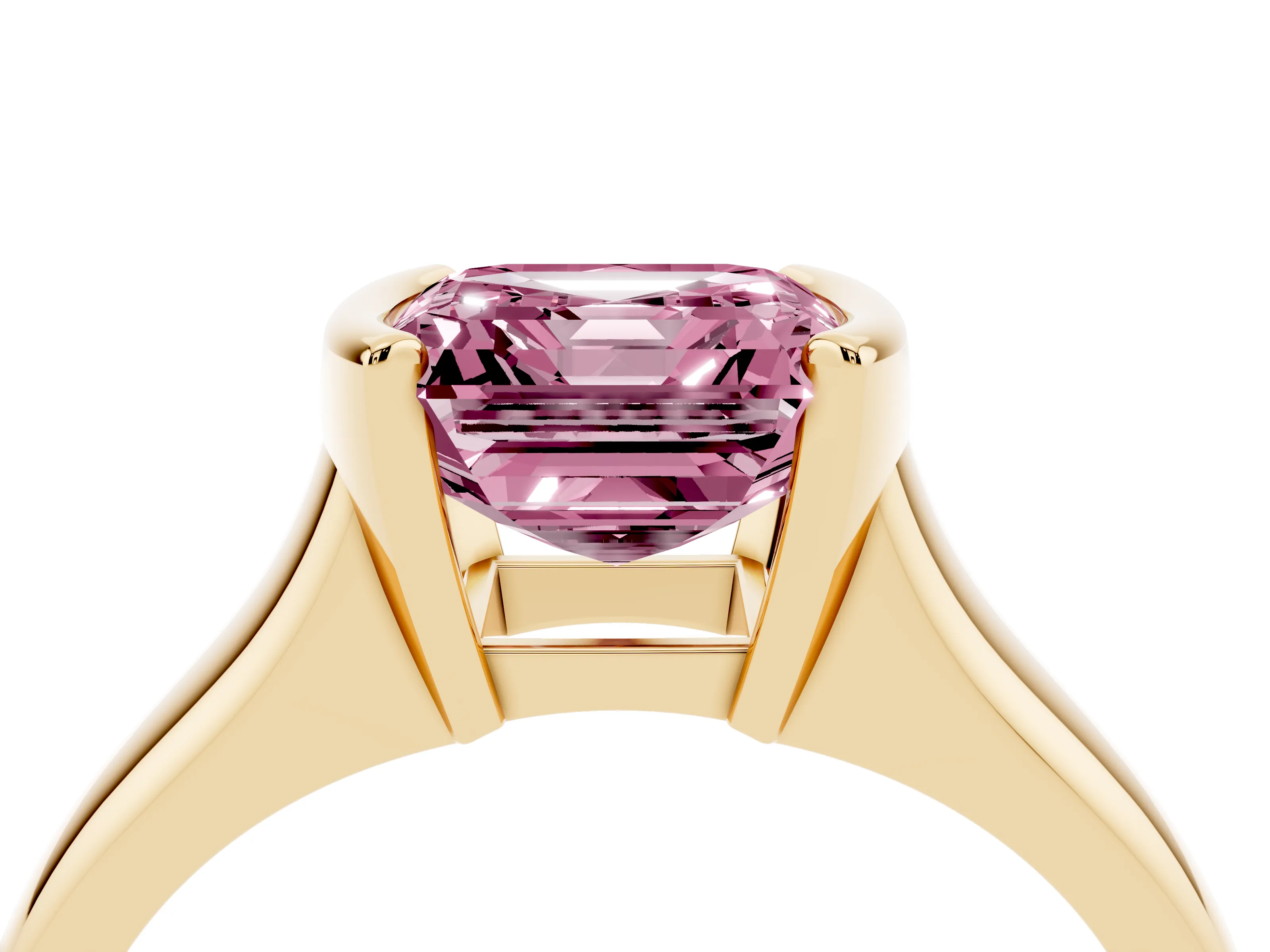 Fancy Pink Asscher Cut Diamond Solitaire Tension Set Ring Set in Yellow gold with Split Shank Band