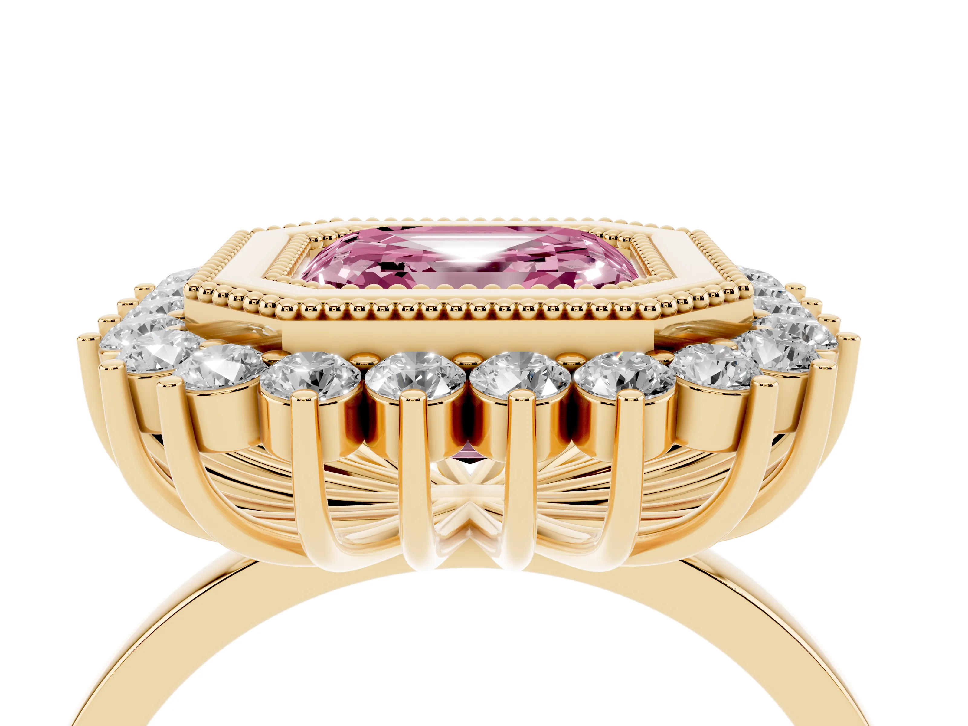 Fancy Pink Asscher Cut Diamond Halo Ring Set in Yellow gold with Milgrain Edge and Round Prong Setting