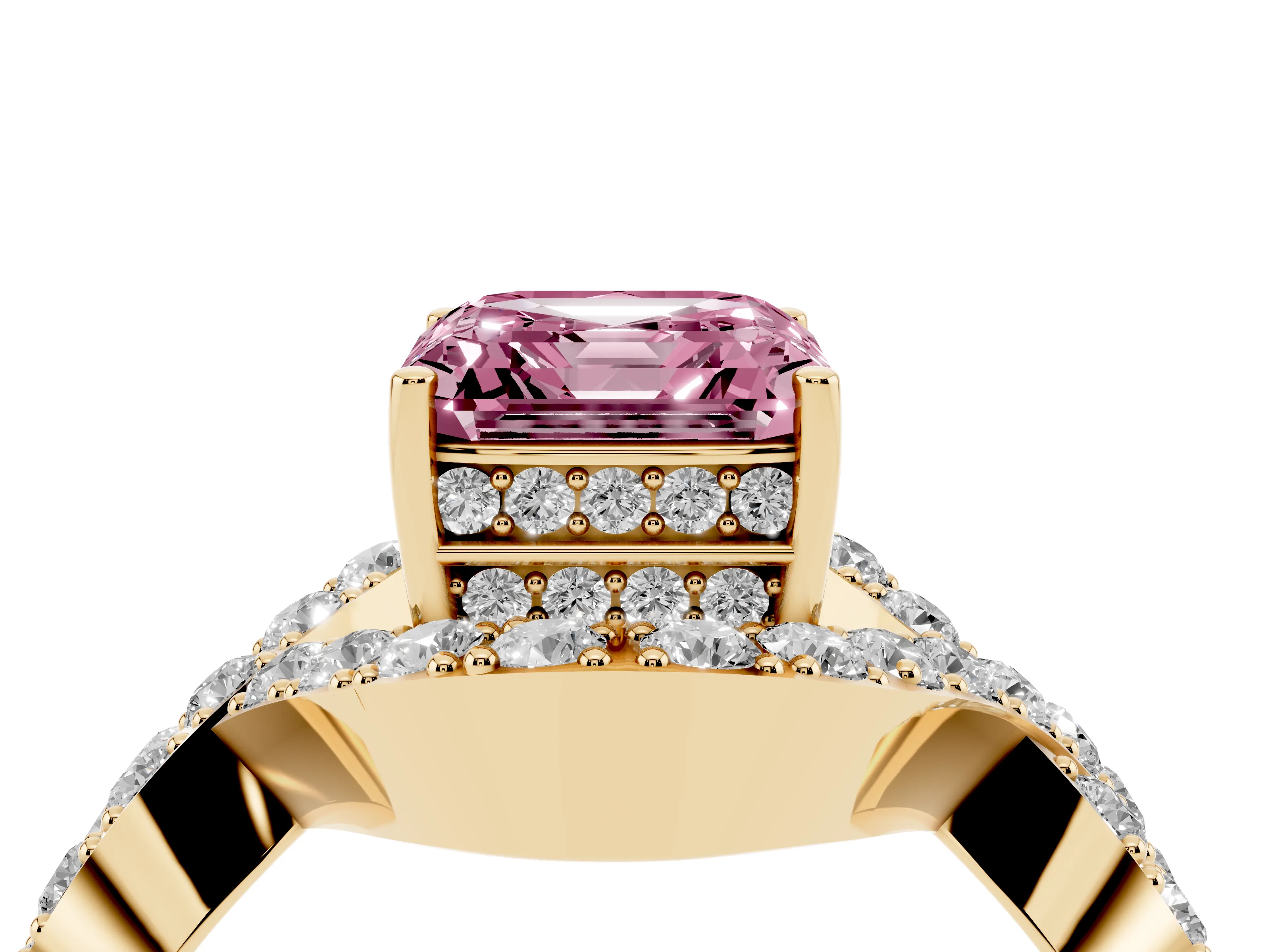 Fancy Pink Asscher Cut Diamond Solitaire Twist Band Pavé Engagement Ring Set in Yellow gold