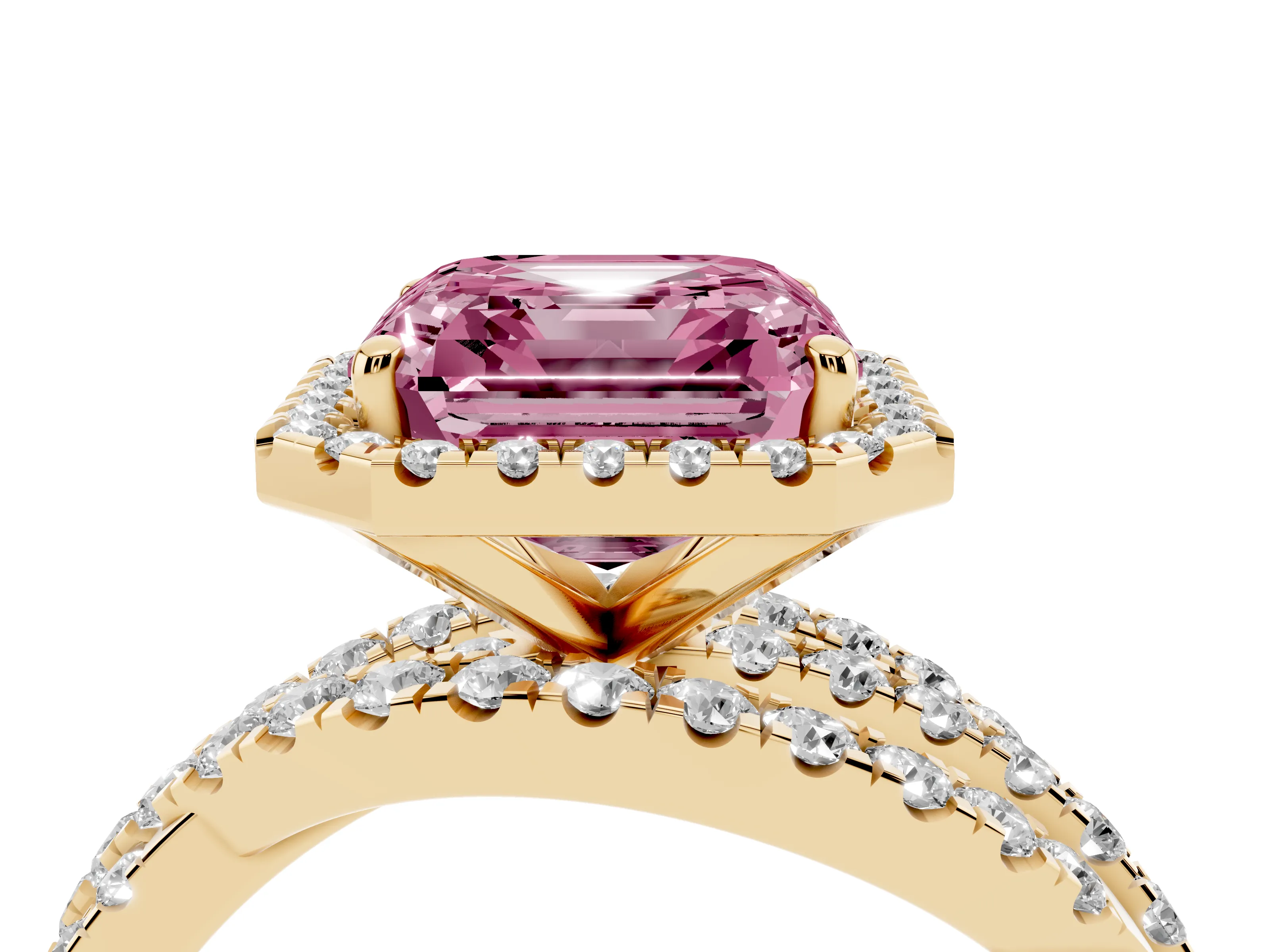 Fancy Pink Asscher Cut Diamond Halo Ring Set in Yellow gold with Round Crossover Split Shank and Prong Setting