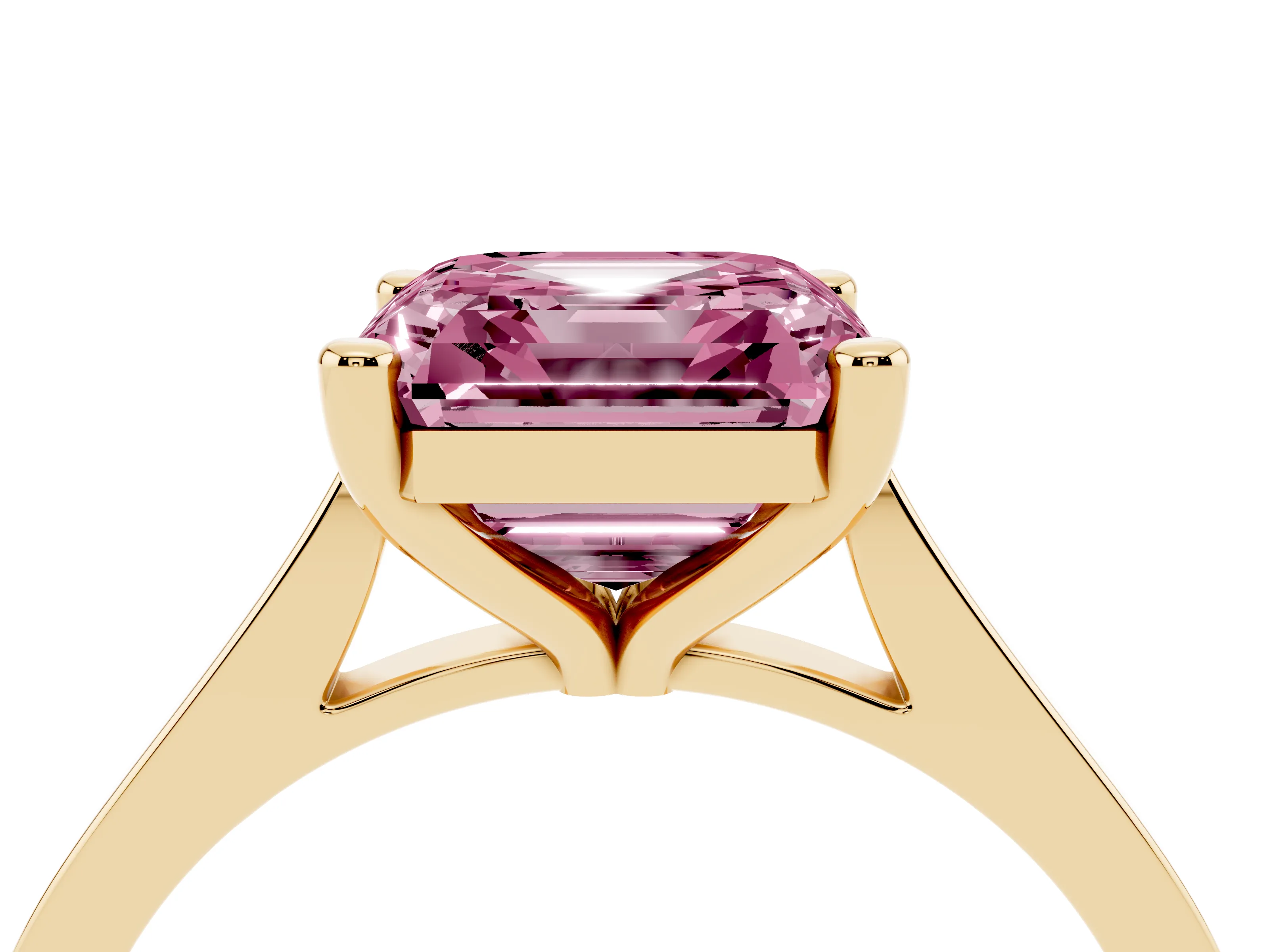 Fancy Pink Asscher Cut Diamond Solitaire Ring Set in Yellow gold with Prong Setting and Tapered Band