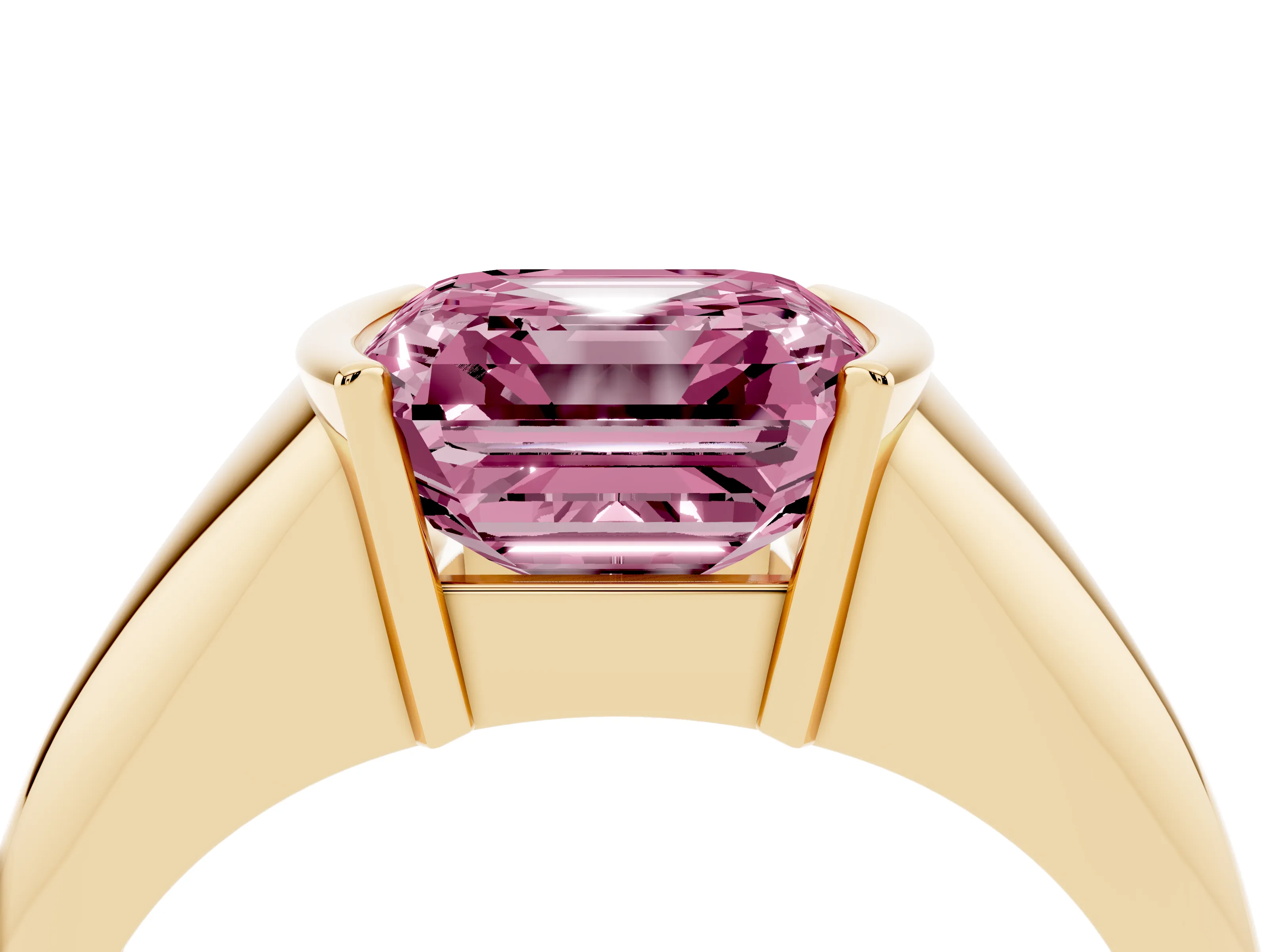 Fancy Pink Asscher Cut Diamond Solitaire Tension Set Ring Set in Yellow gold