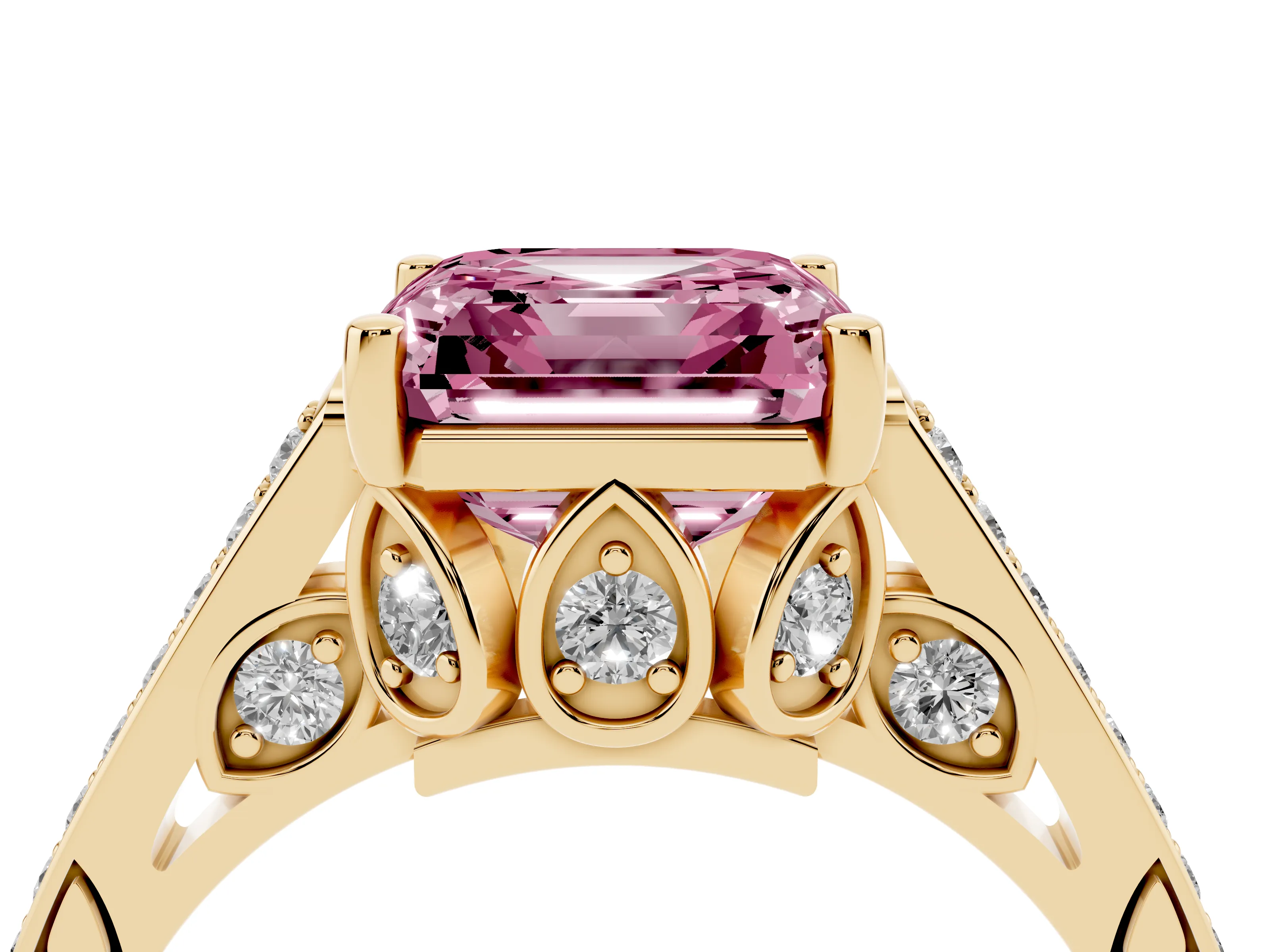 Fancy Pink Asscher Cut Diamond Cathedral Pavé Engagement Ring Set in Yellow gold with Prong Setting