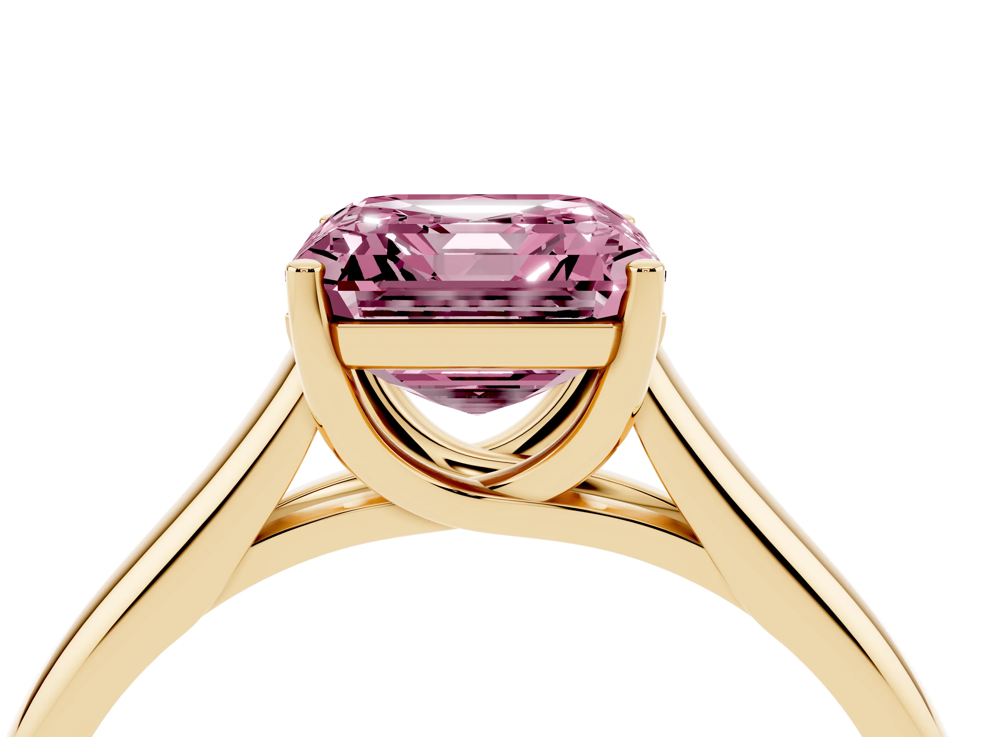 Fancy Pink Asscher Cut Diamond Solitaire Engagement Ring Set in Yellow gold with Subtly Tapered Band and Prong Setting