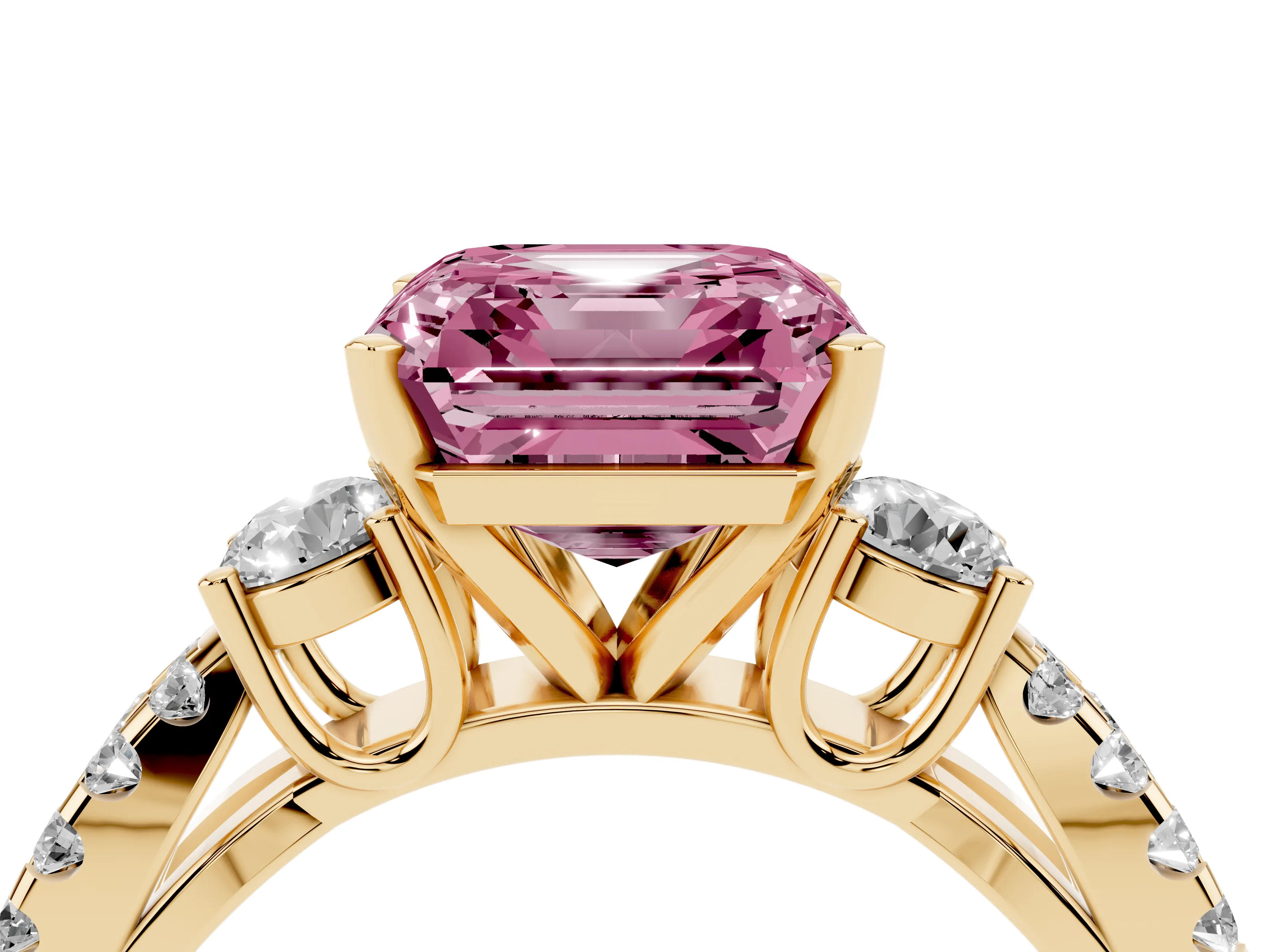 Fancy Pink Asscher Cut Diamond Three-Stone Ring Set in Yellow gold with Pavé Split Shank and Prong Setting