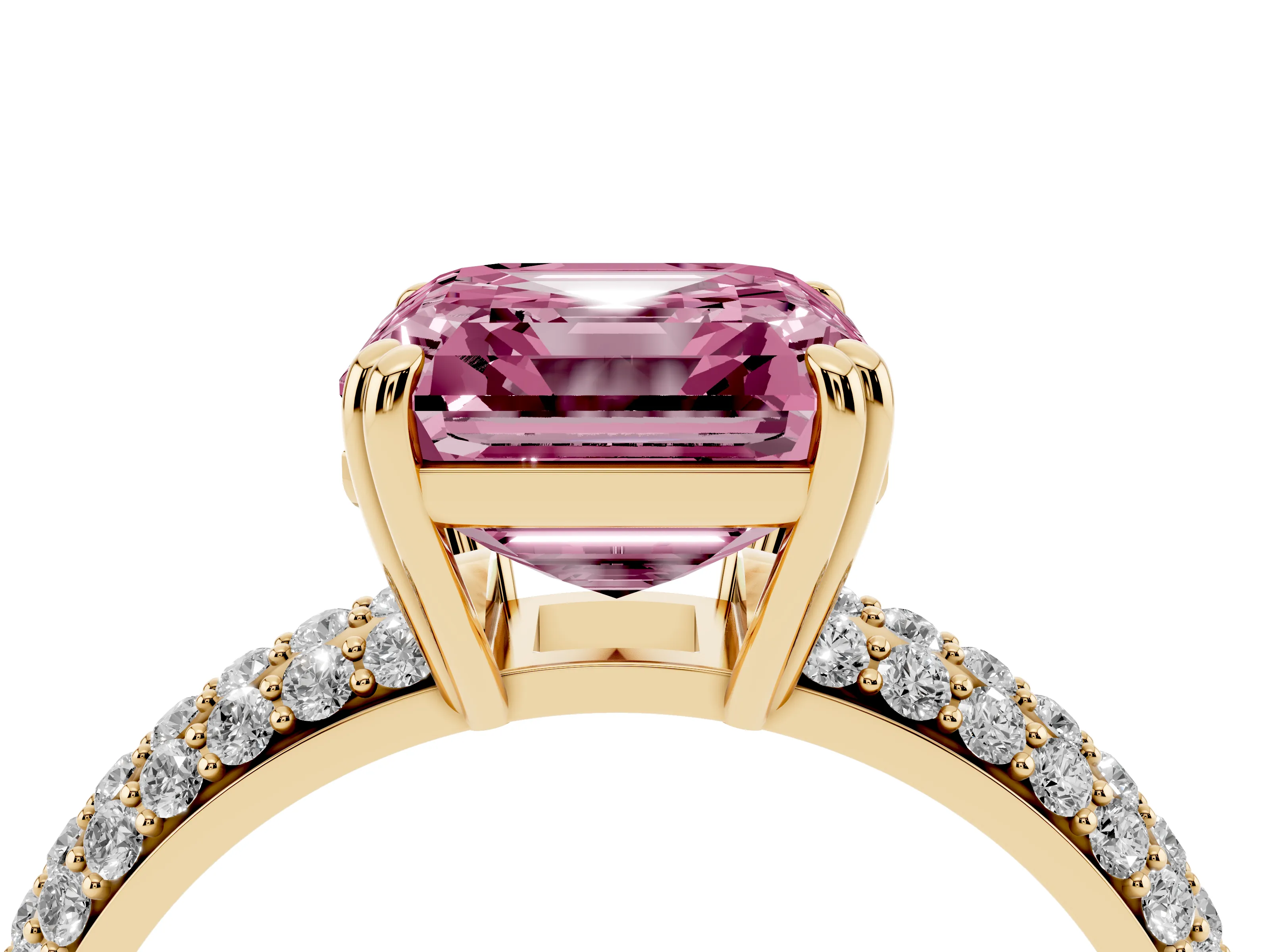 Fancy Pink Asscher Cut Diamond Solitaire Ring Set in Yellow gold with Multi-Row Round Pavé Band and Prong Setting