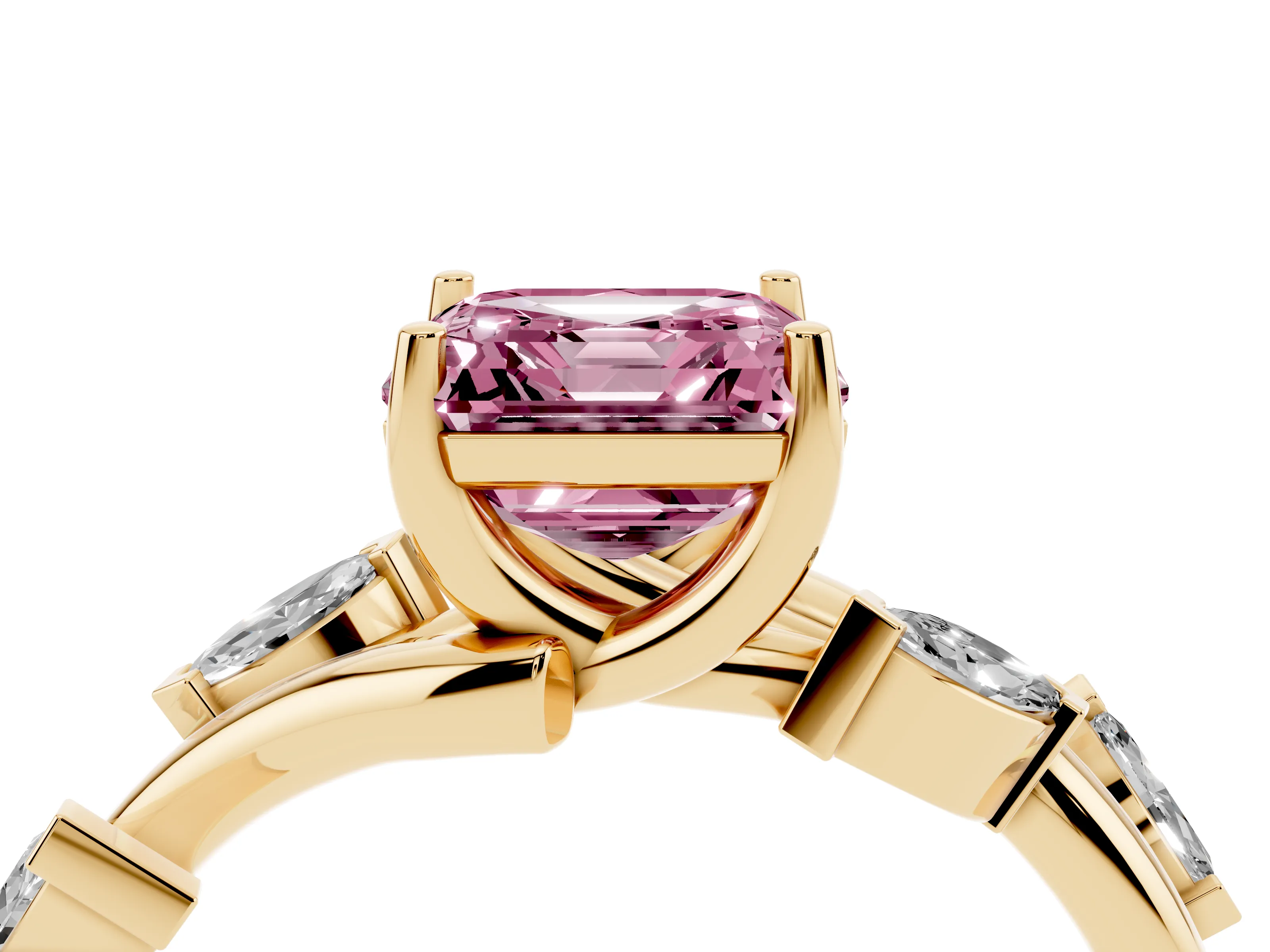 Fancy Pink Asscher Cut Diamond Solitaire Ring Set in Yellow gold with Twisted Marquise Accent Band